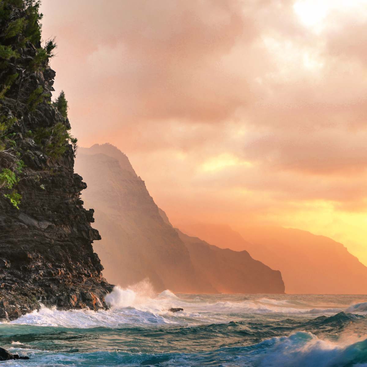 A dramatic coastal landscape at sunset featuring steep cliffs symbolising the Lemurians.