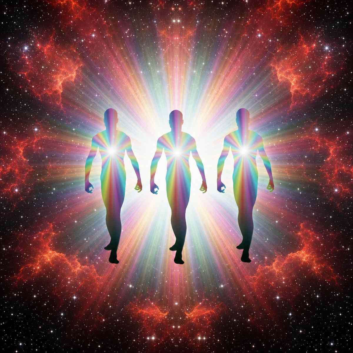Three rainbow-coloured Light Beings standing in front of a vibrant cosmic background with stars and nebulae.