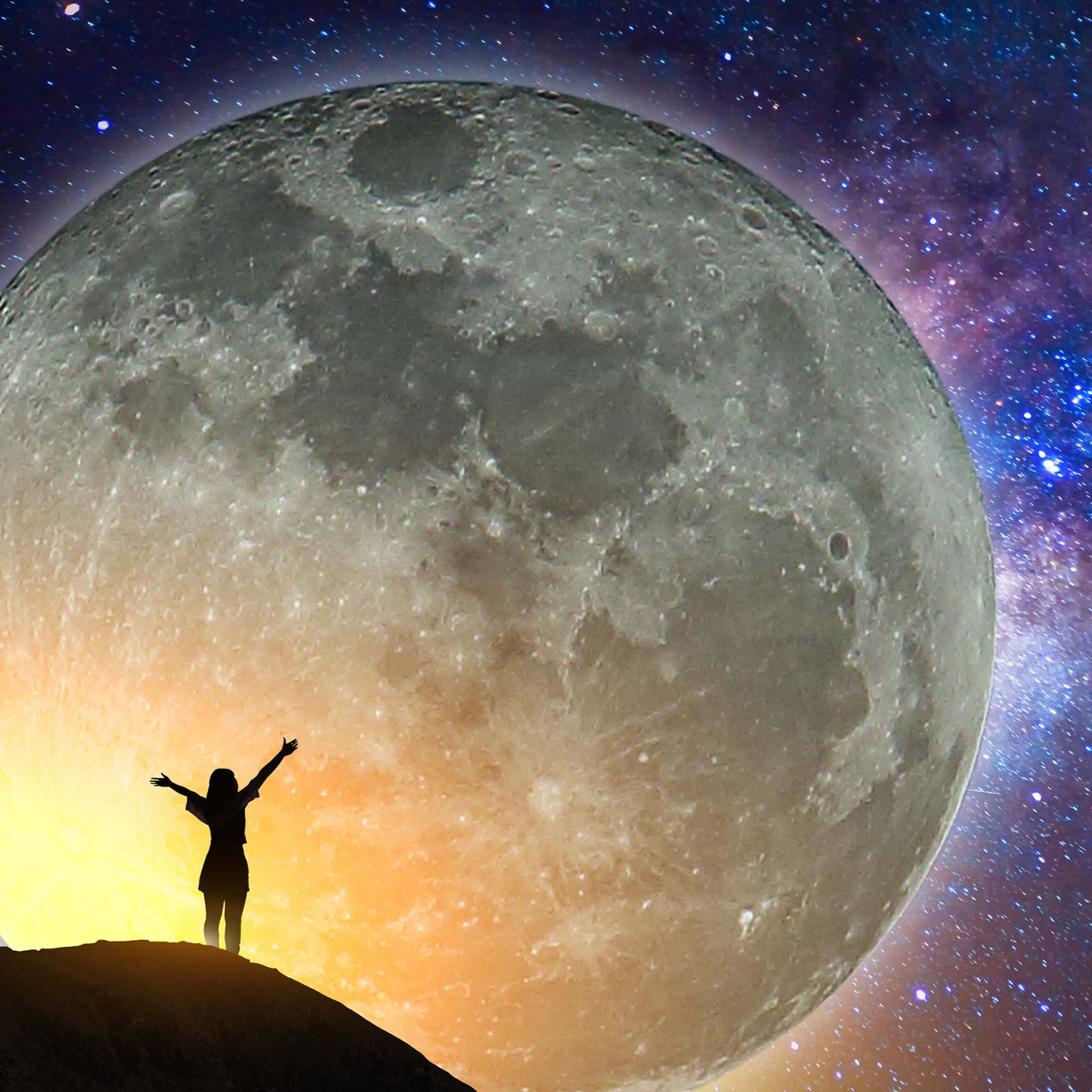 A highly dramatic night sky photograph featuring a massive, detailed full moon filling the right side of the frame. A silhouette of a person stands on a hill with their arms raised in reverence on the lower left, set against a glowing, starlit nebula background, signifying lunar connections.
