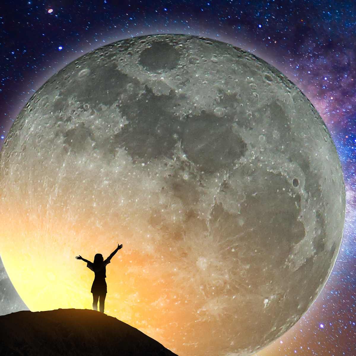 A dramatic full moon set against a glowing, starlit nebula background.