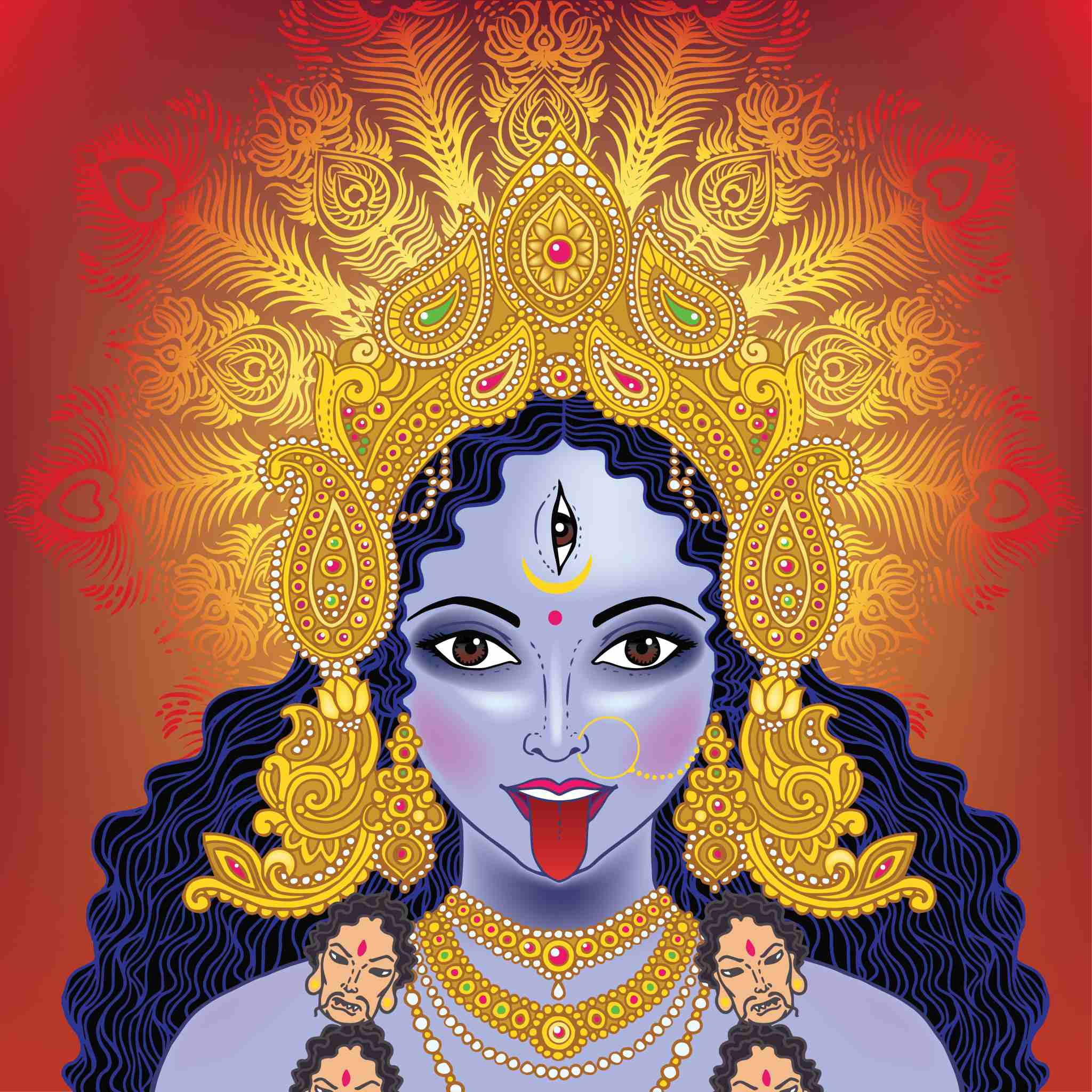 Close-up of the Hindu Goddess Maha Kali with four arms and a third eye.