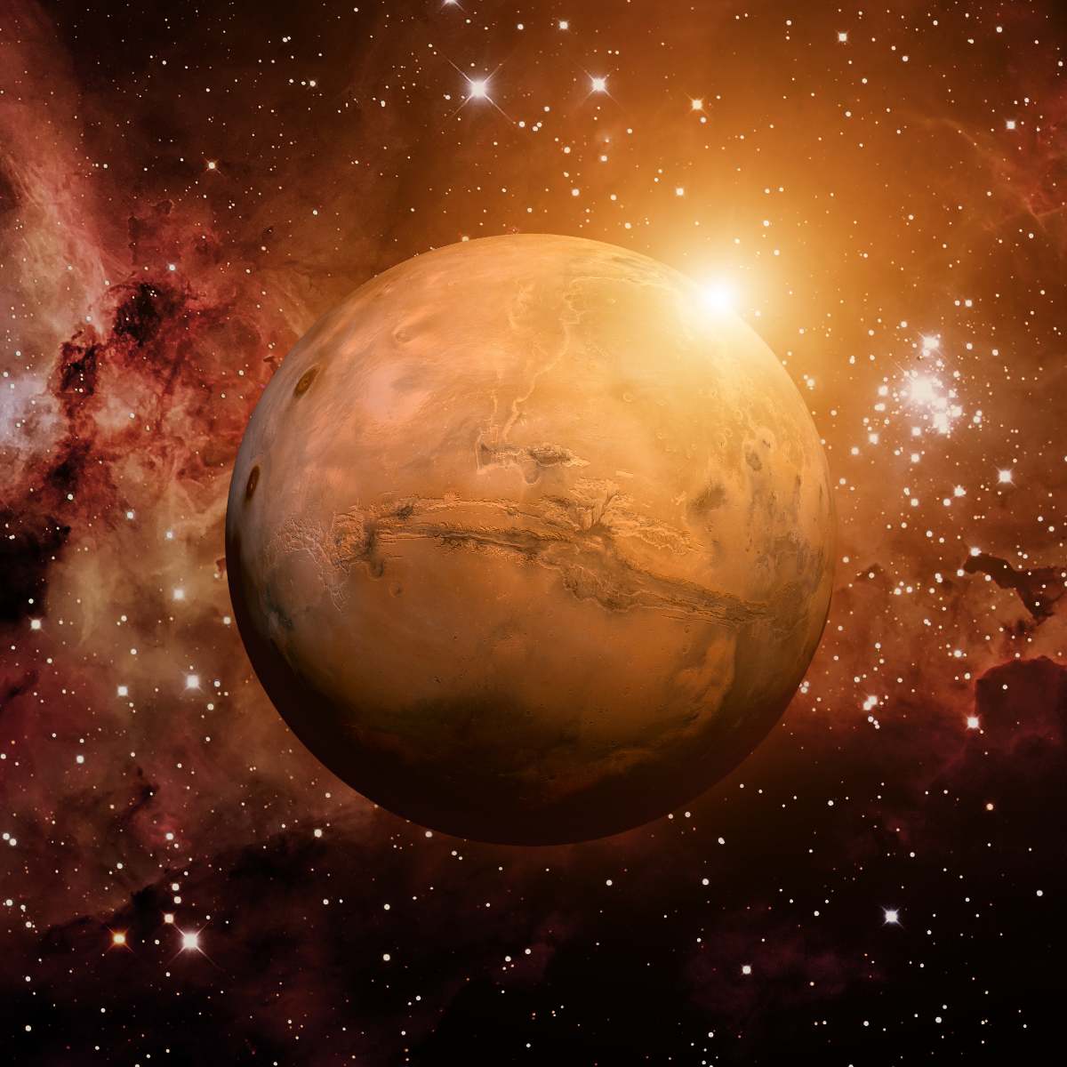Image of planet Mars, showing its characteristic reddish-orange surface.