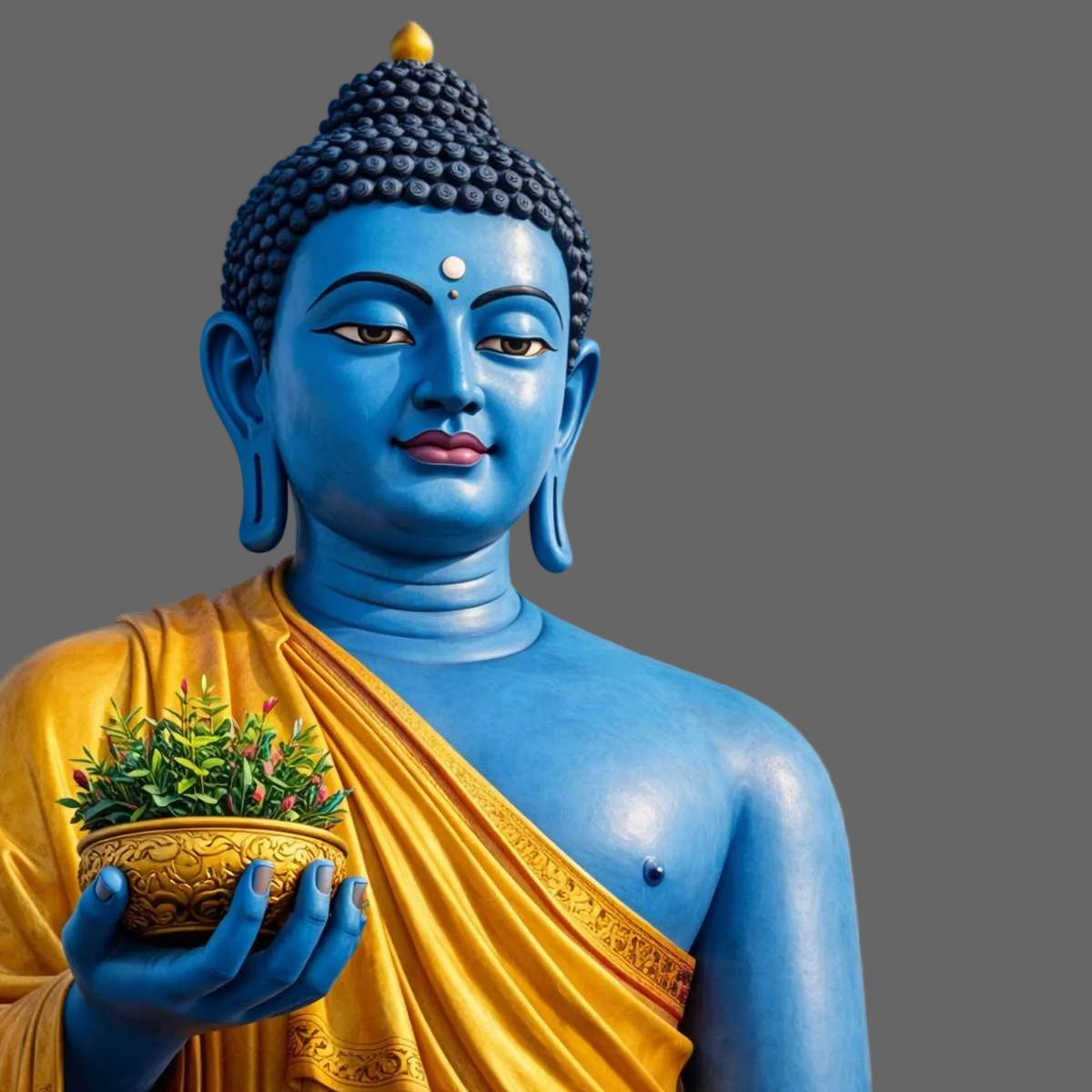 Statue of a blue-skinned Medicine Buddha holding a pot with plants.