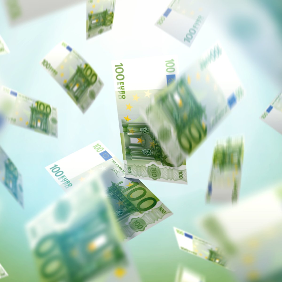 Several banknotes floating and falling through a bright, light blue and green blurred background.