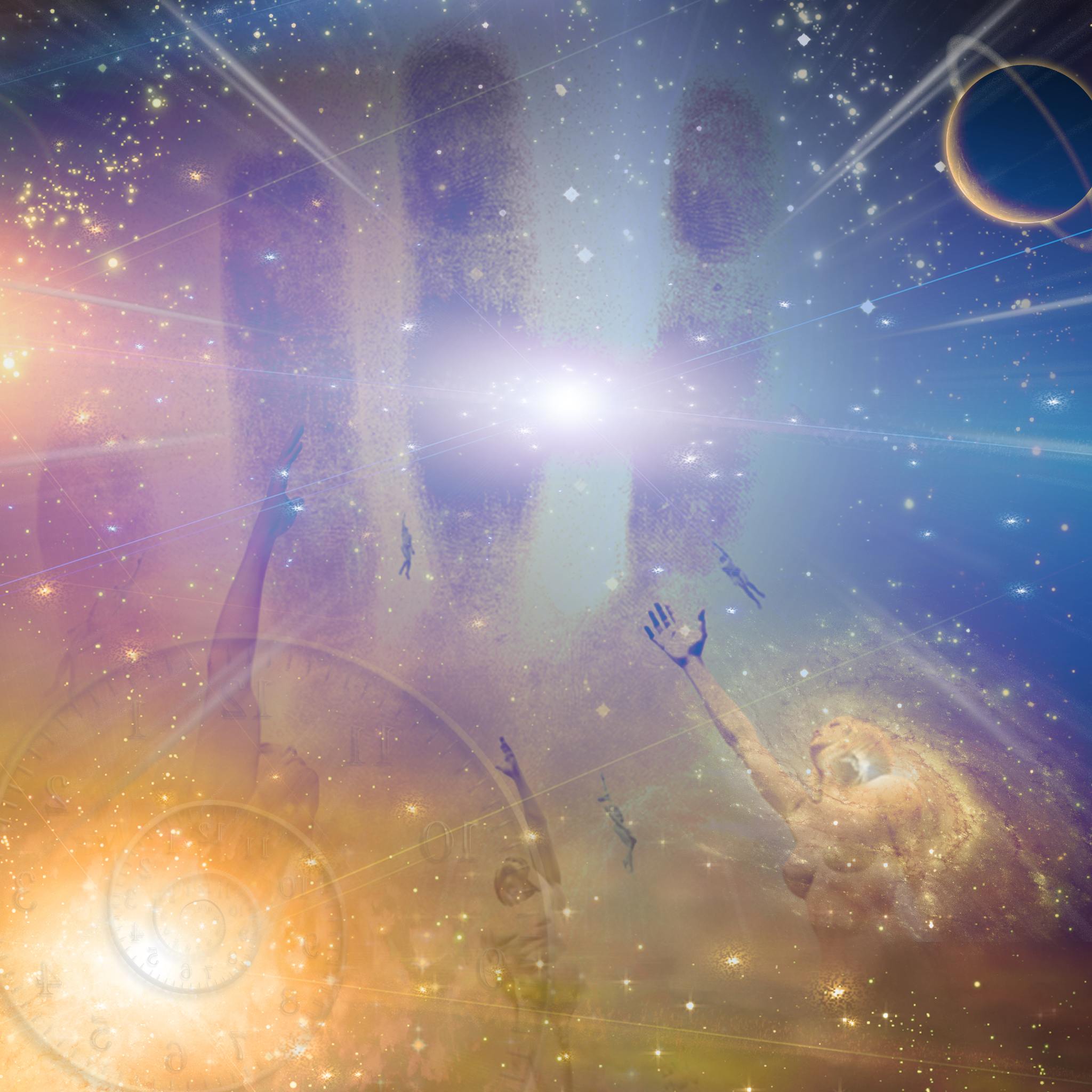 A complex digital collage of cosmic imagery featuring several human figures with arms raised in supplication against a swirling, starry nebula background of orange, blue, and purple. A brilliant white light shines from the centre, with time-related motifs and a ringed planet visible, representing infinite dynamic multidimensional energy connections.