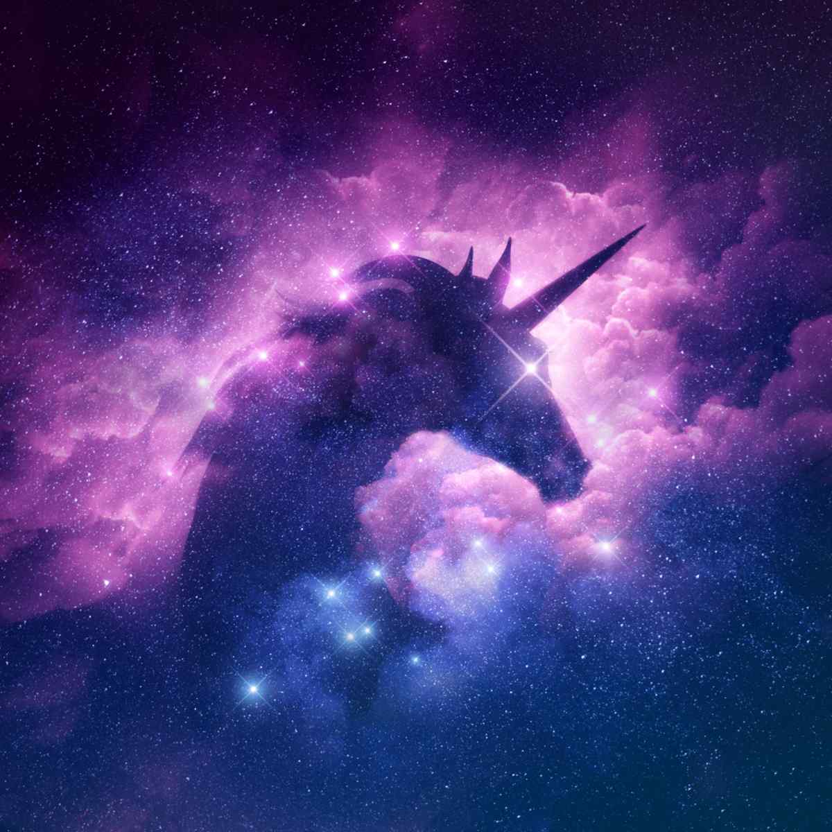 A digital artwork featuring the silhouette of a unicorn with a cosmic background, including stars and a purple hue.
