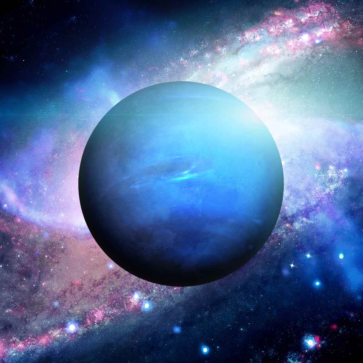 Planet Neptune floating in the foreground of a vibrant galaxy, representing Neptune connections.