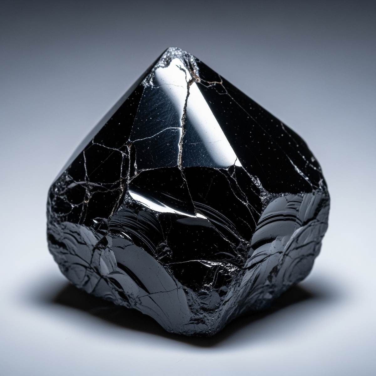 A close-up studio shot of a raw, faceted piece of black Obsidian, displaying a glassy texture and white fracture lines, brilliantly reflecting a studio light against a soft grey background.