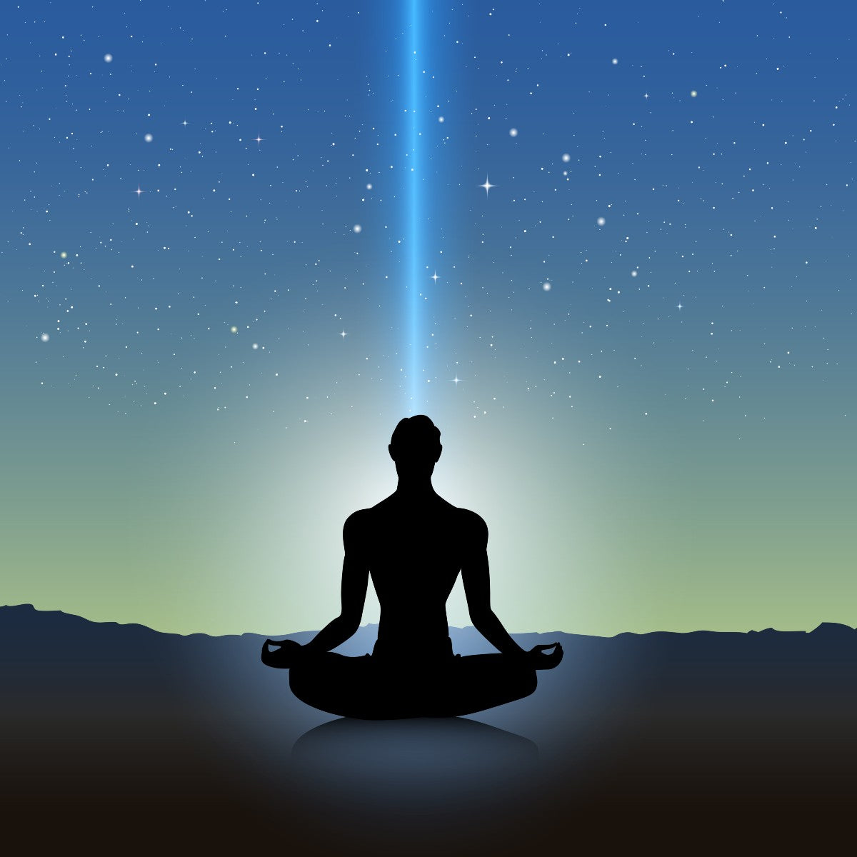 Silhouette of a meditating person against a starry night sky with a bright light beam.