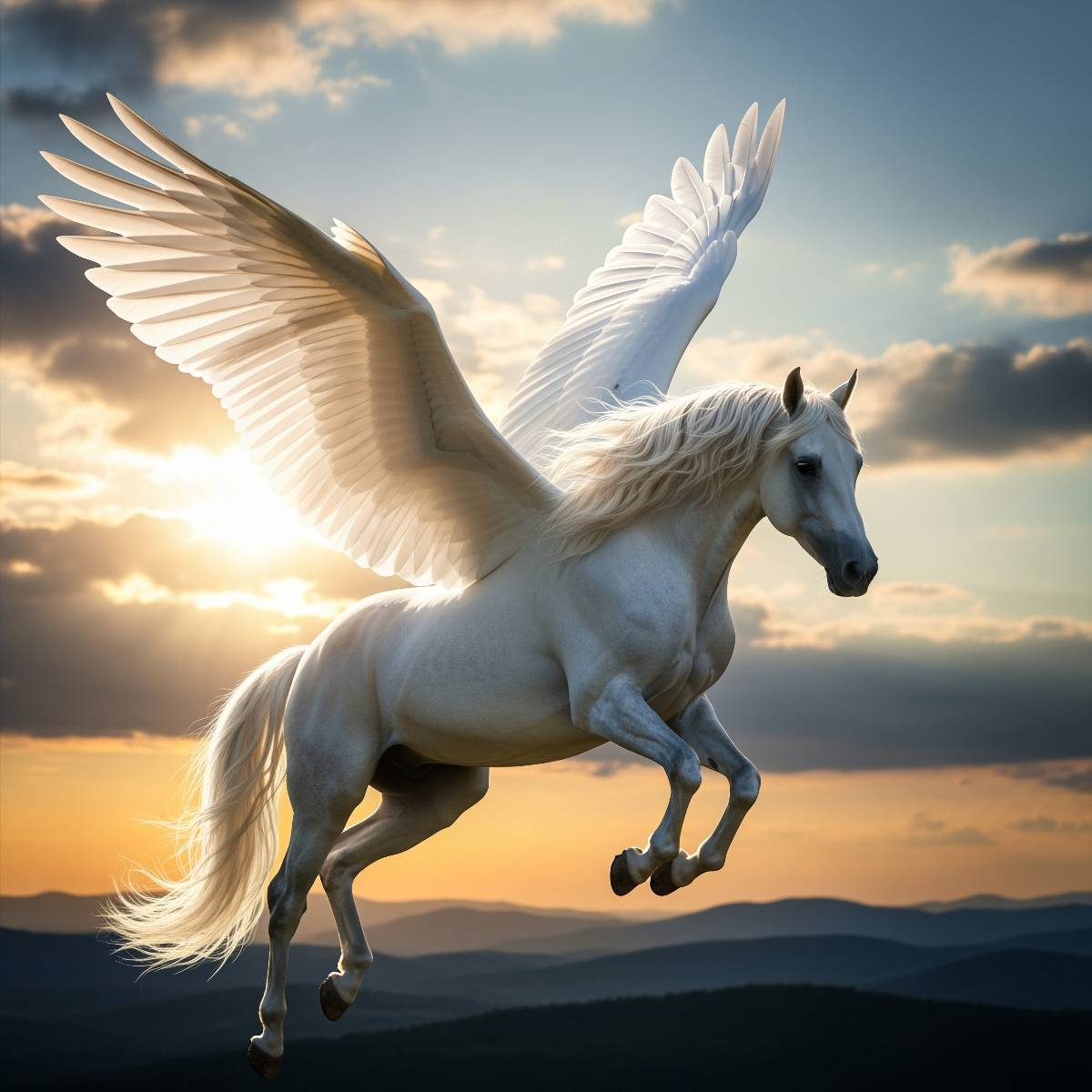 A beautiful white Pegasus horse soaring with wings spread wide, representing Pegasus energies.