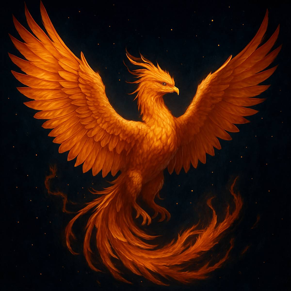 A fiery orange phoenix with large, open wings flying against a dark, starry background.