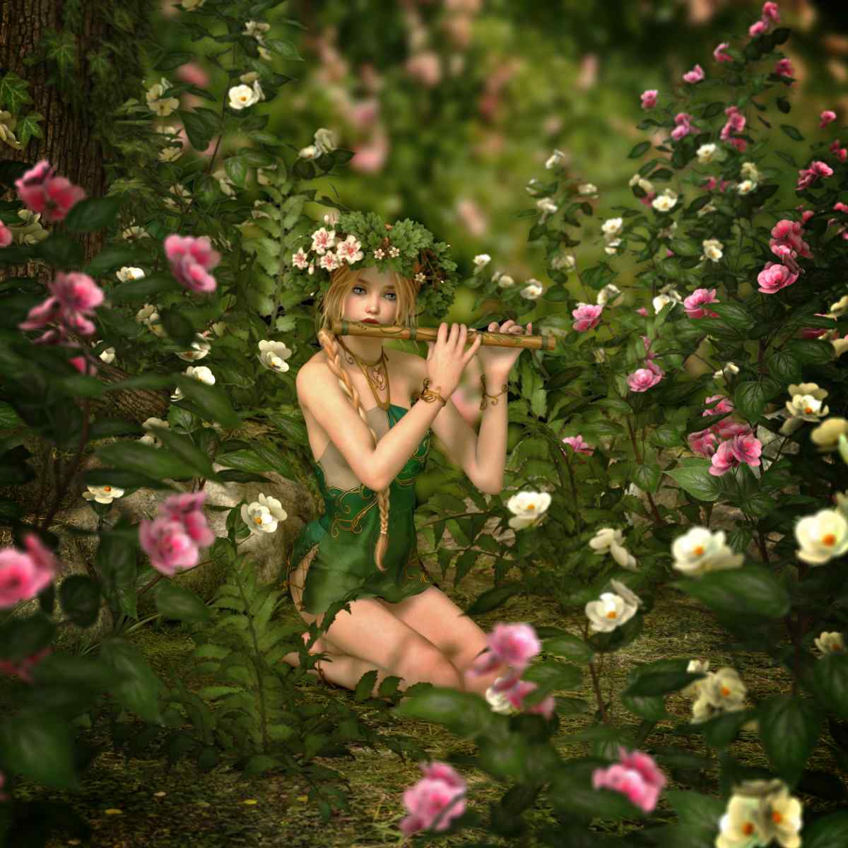 A mystical forest pixie in a green dress and flower crown playing a wooden flute among pink and white rose bushes.