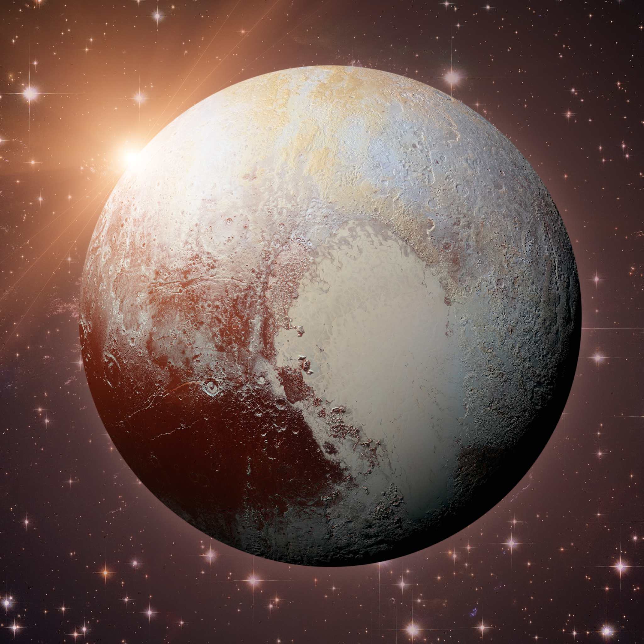 A detailed depiction of Pluto with a bright sunburst, set against a star field, representing Pluto connections.