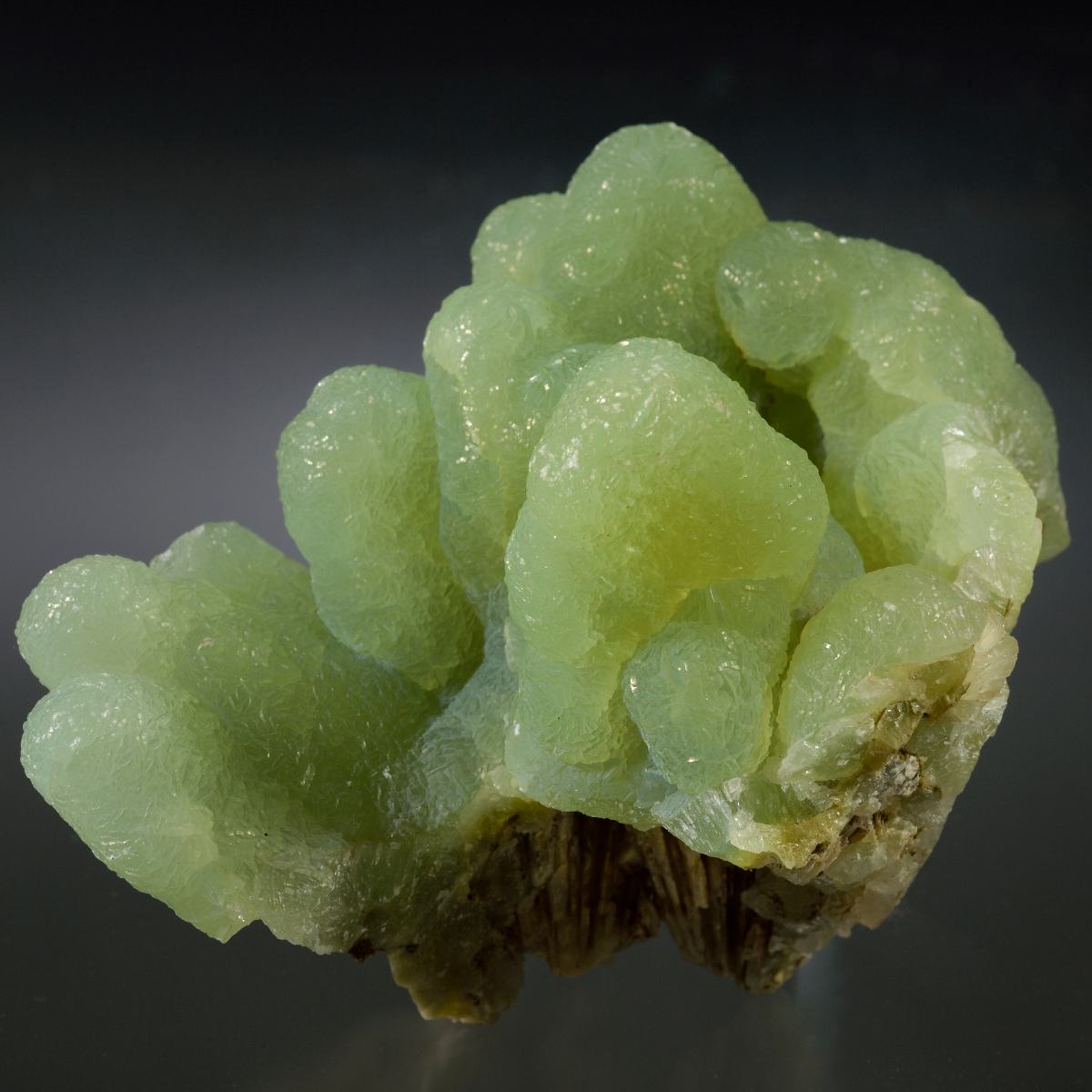 Close-up of a green Prehnite crystal cluster on a dark background.
