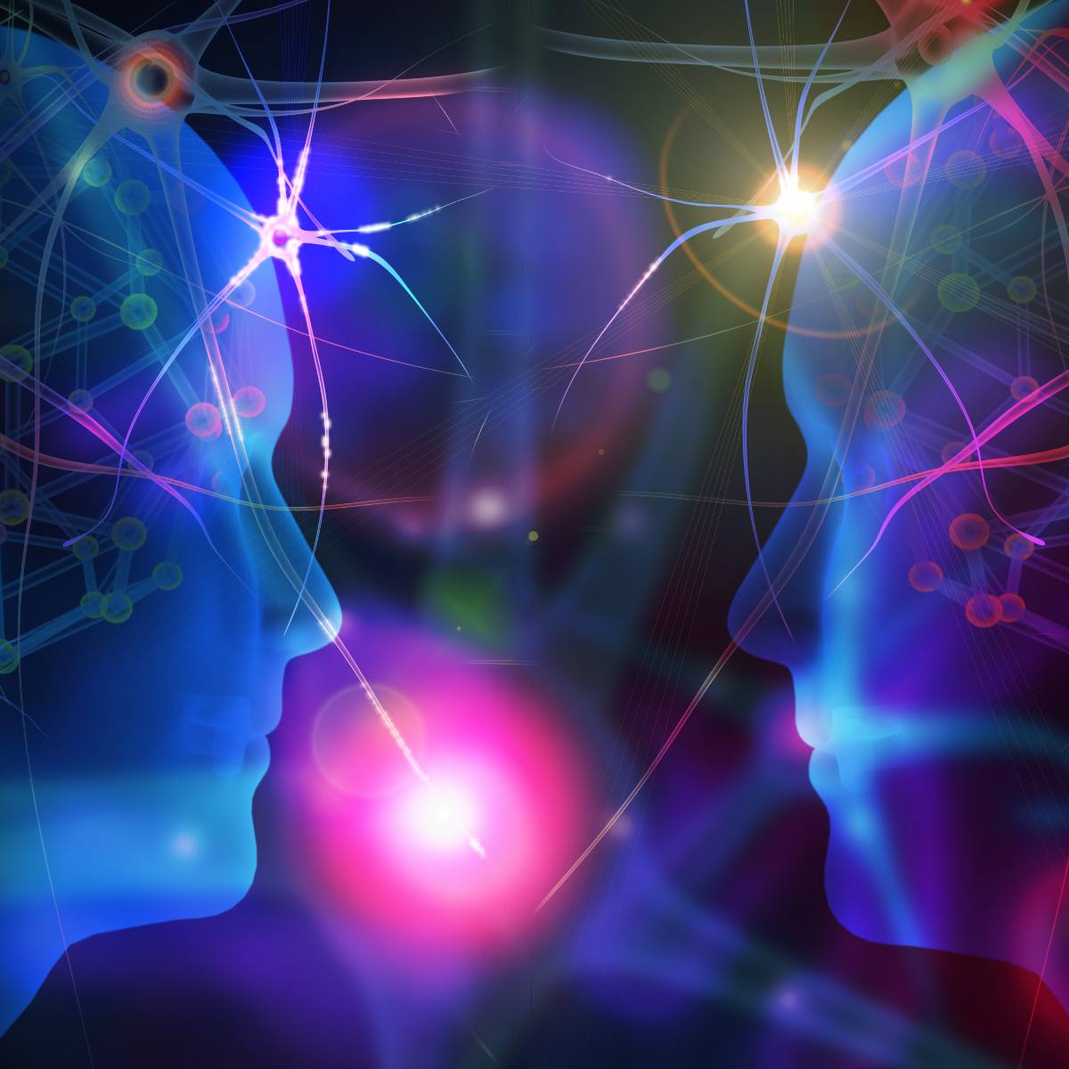 Colourful illustration of two human heads with neural connections and bright lights.