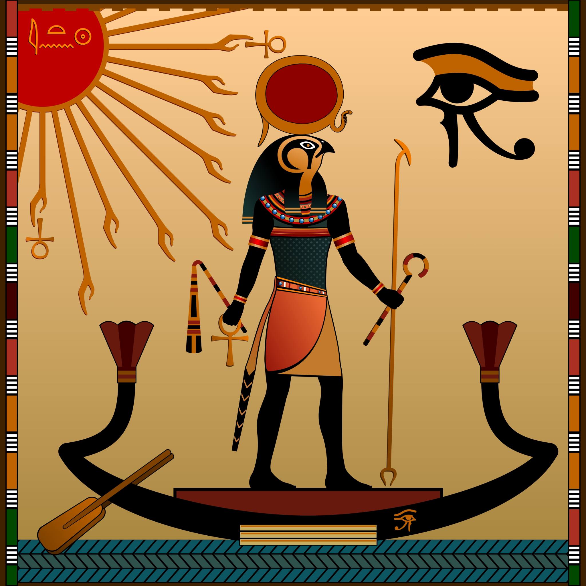 An illustration of the Egyptian God Ra with a falcon head, standing on a boat.