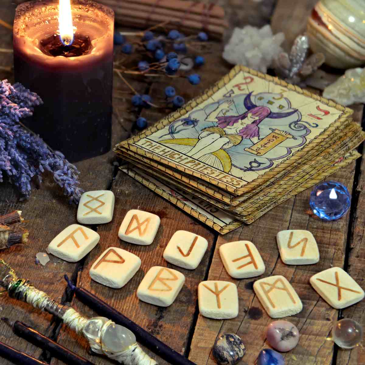 Ritual setup with tarot cards, runes, candles, and crystals on a wooden surface.