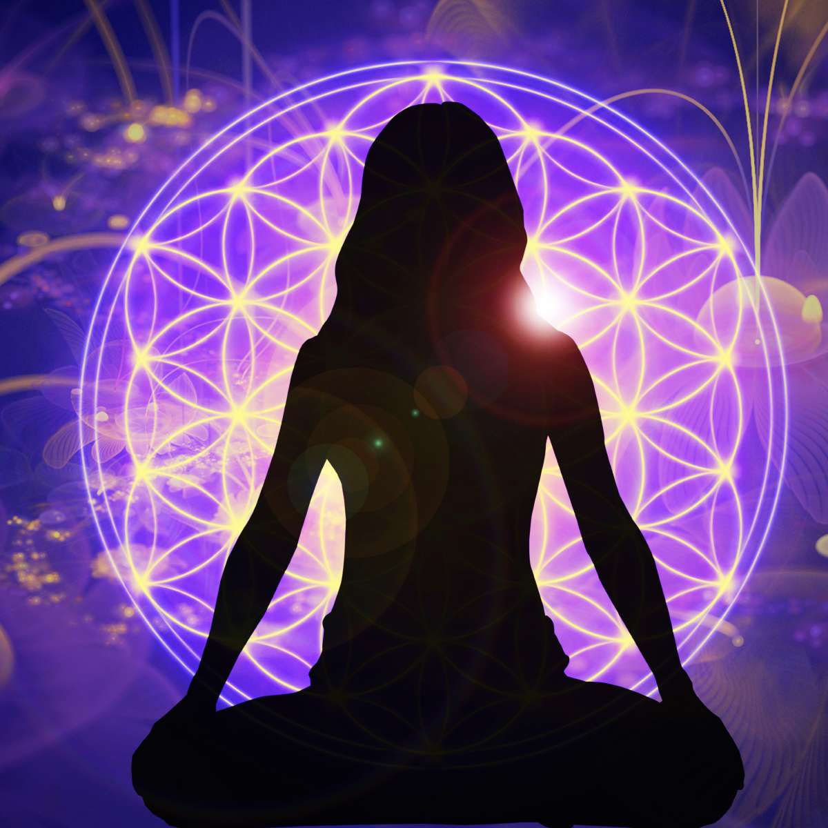 Silhouette of a person in meditation with a vibrant, glowing flower of life design in the background.