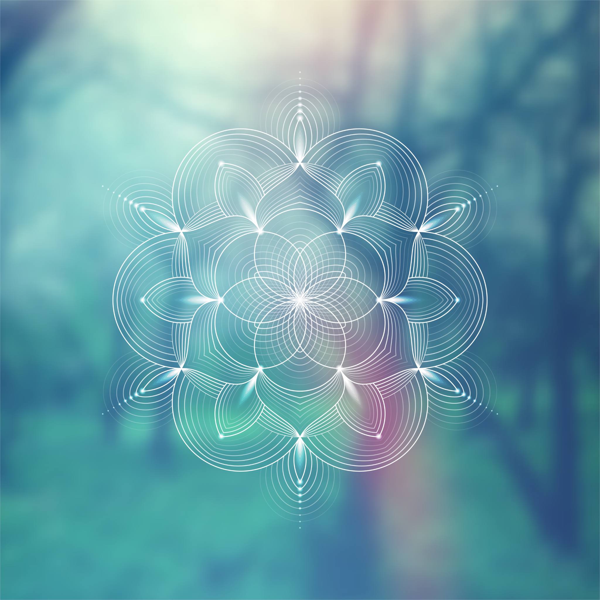 A glowing white mandala overlay of intricate circles and lines, a sacred geometry motif, against a soft blue-green background, representing sacred geometry connections.