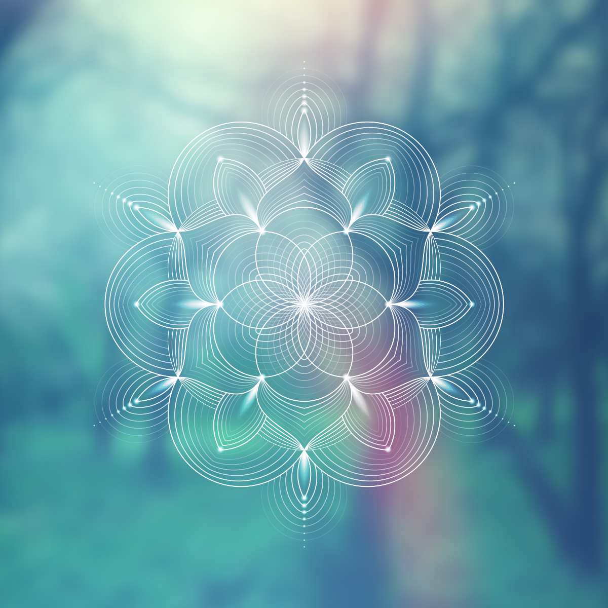 A glowing sacred geometry motif, against a soft blue-green background.