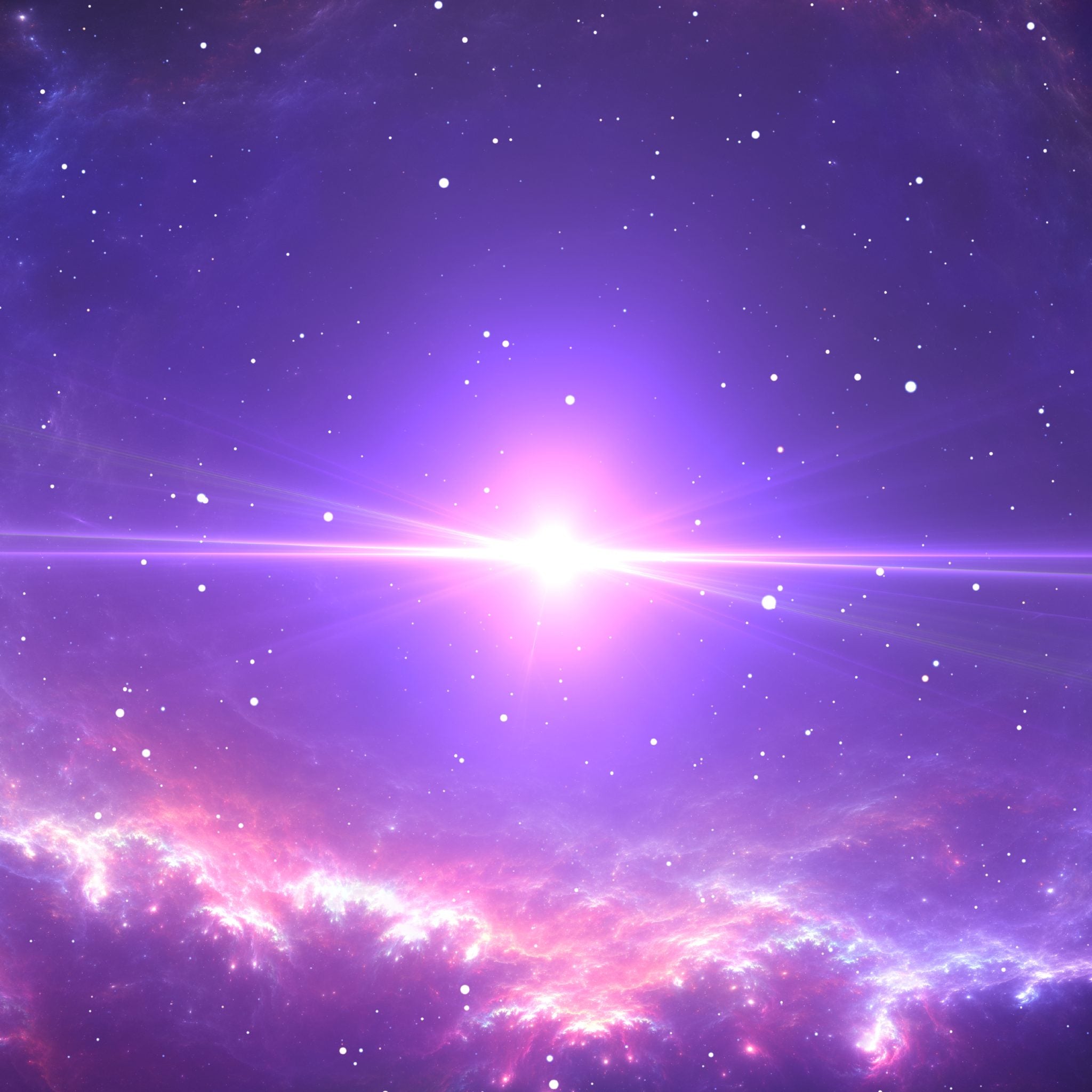A digital illustration of a vibrant purple space nebula filled with white stars. A blinding violet and white-hot light with horizontal rays shines brightly from the centre, framed by a soft magenta and purple cloud-like energy below, symbolising the intense cosmic Saint Germain connections.
