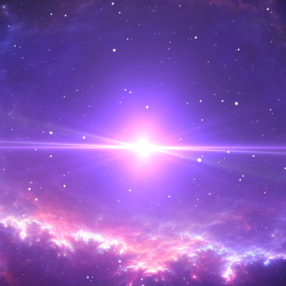 Starry night sky with a bright violet purple star and colourful nebula.