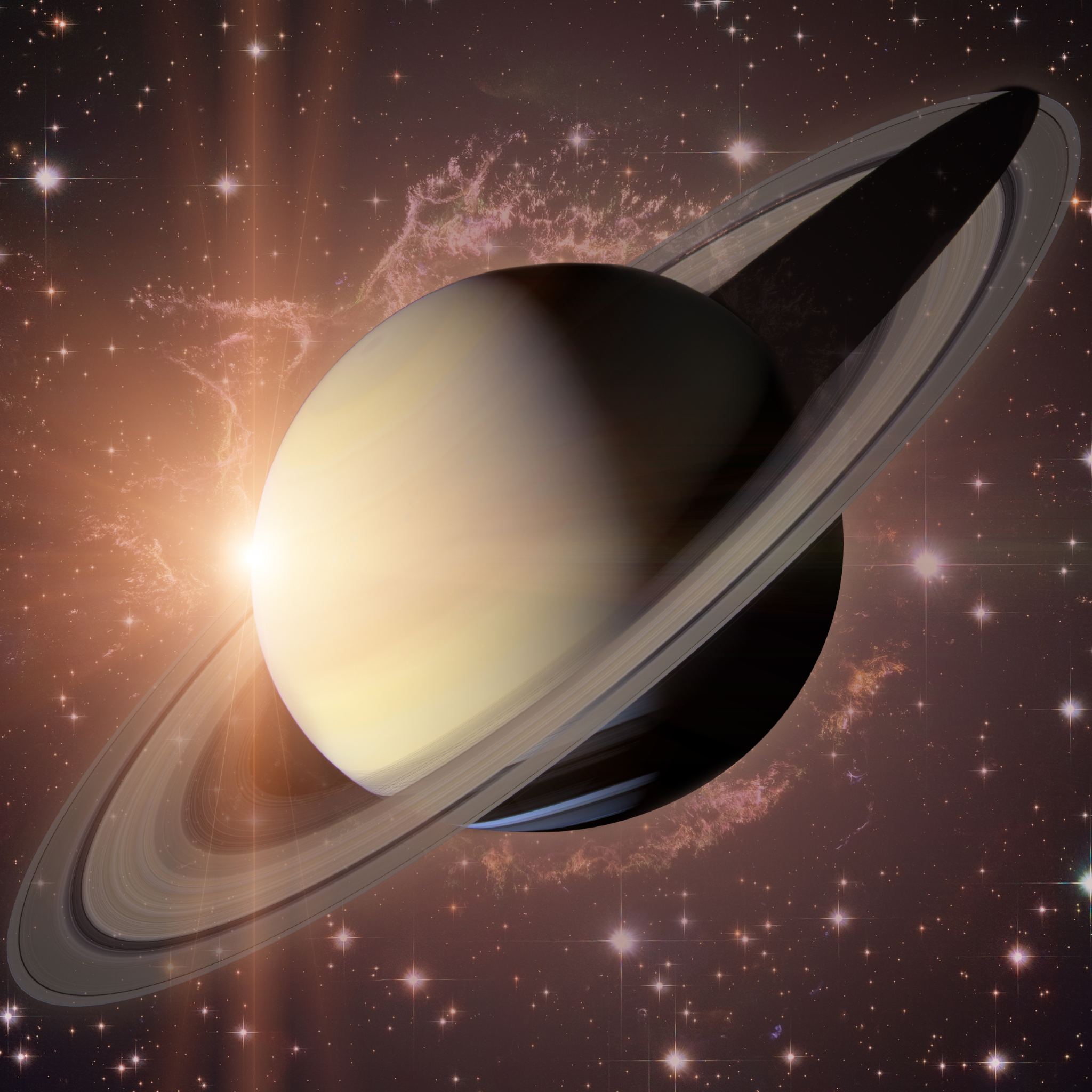 Illustration of Saturn with its rings against a starry space background.
