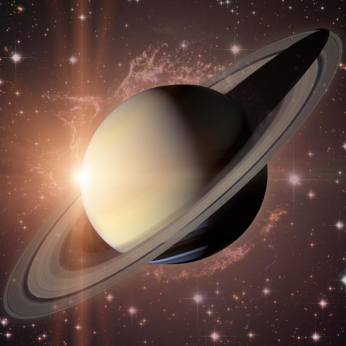 Illustration of Saturn with its rings against a starry space background.