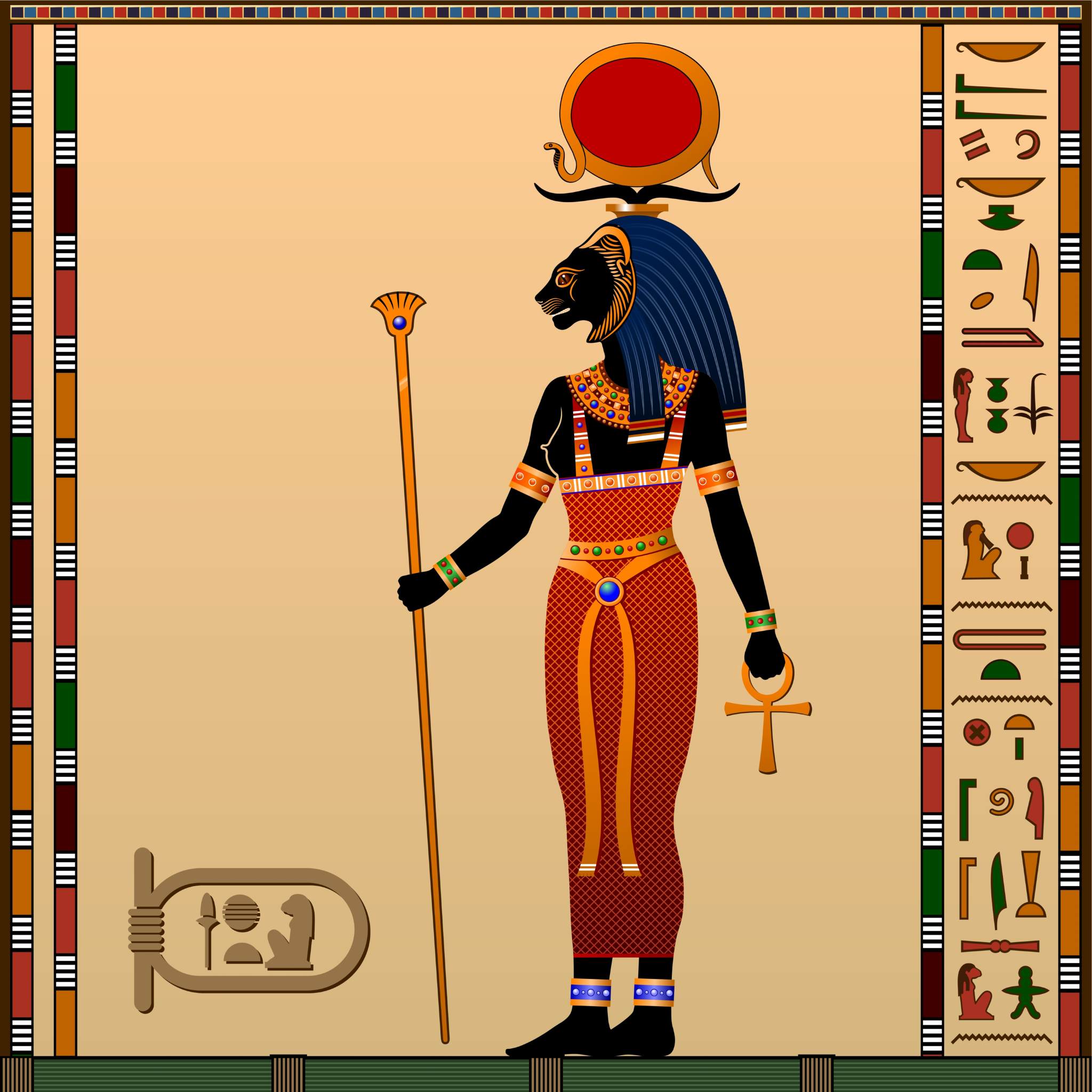 An illustration of the Egyptian lioness Goddess Sekhmet with hieroglyphs.
