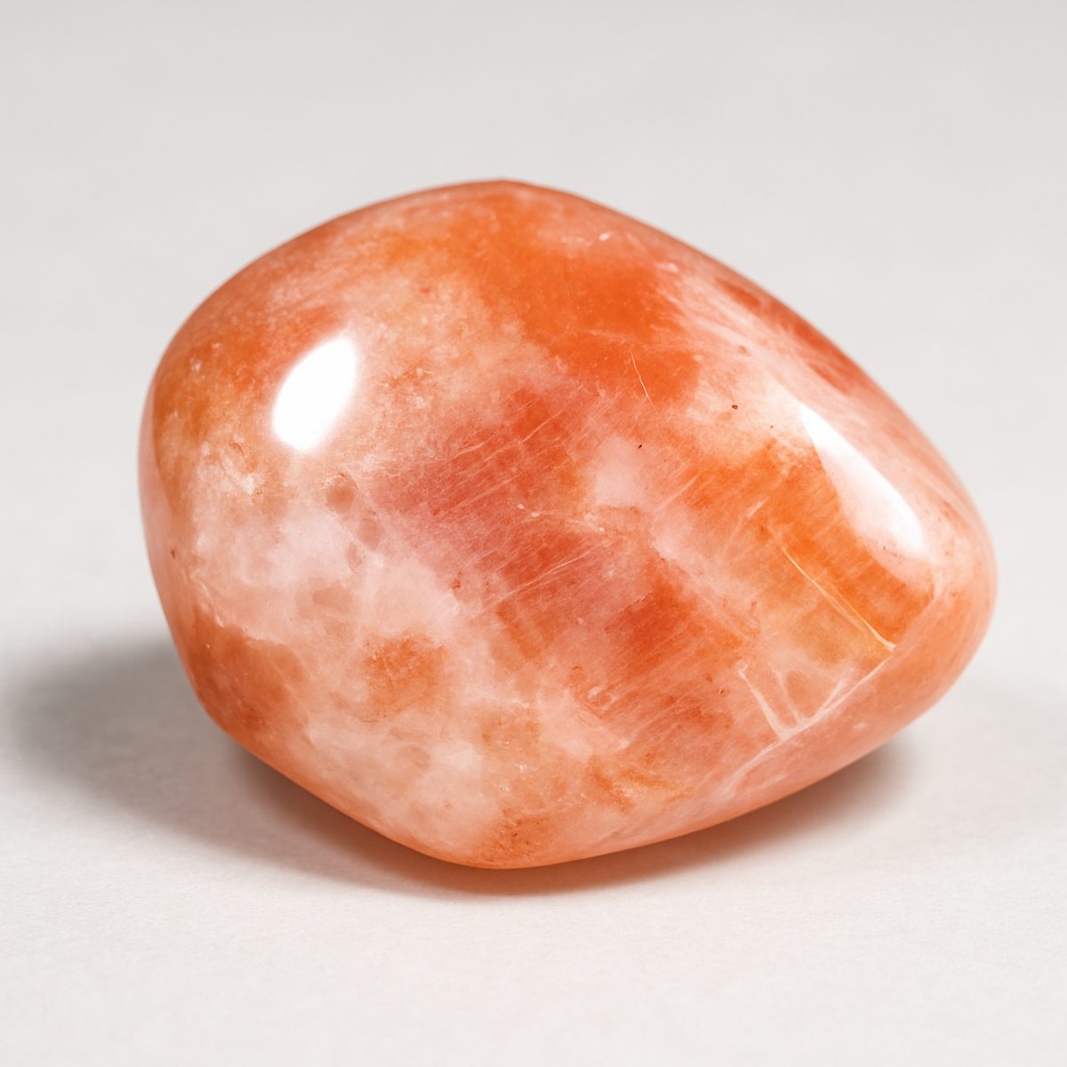 A close-up of a polished orange and white Sunstone gemstone crystal.