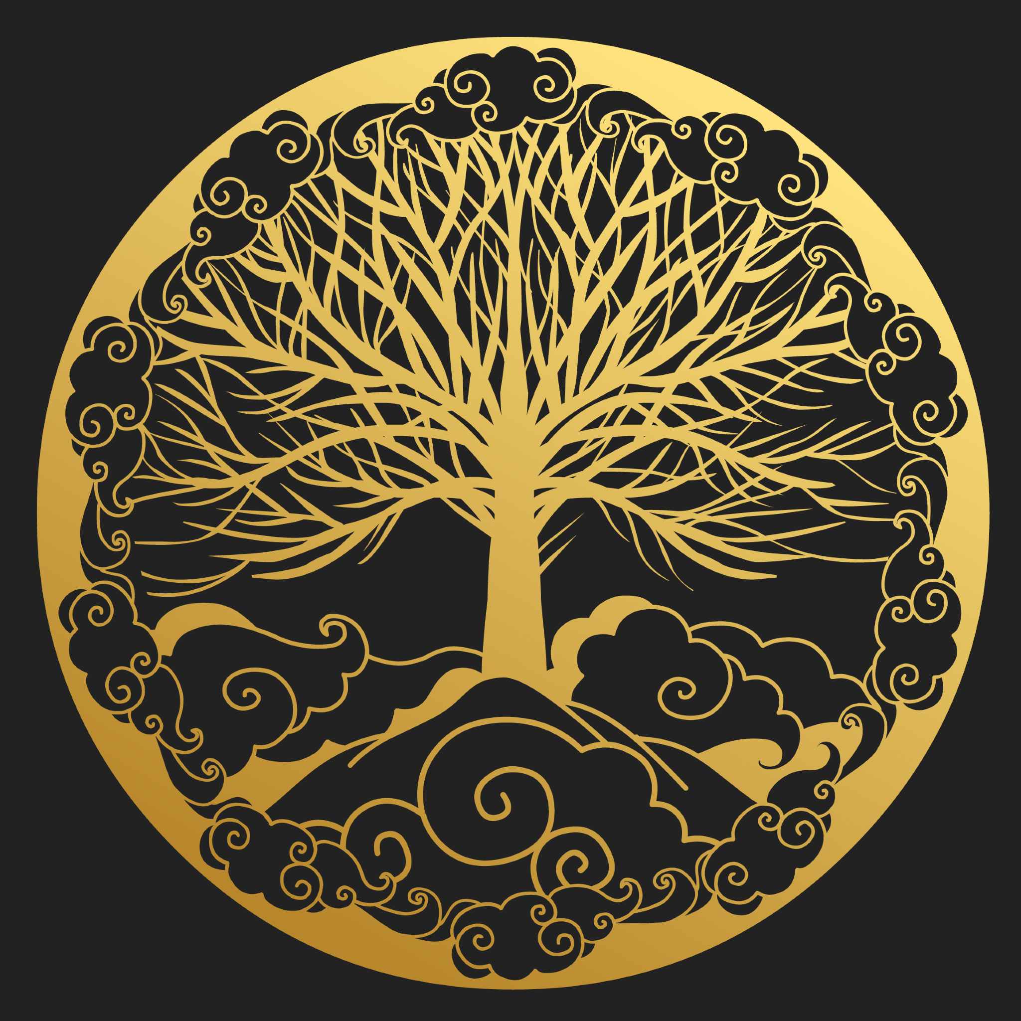A beautiful gold vector graphic of a stylised, bare-branched Tree of Life centrally positioned on a black background. The tree sits atop a small mound, surrounded by curling clouds and swirls, all contained within a large gold circle, representing dynamic tree of life connections.