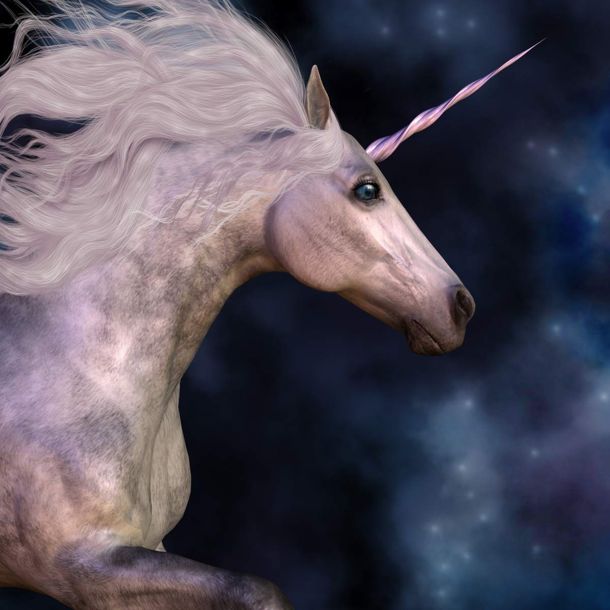 A close-up digital painting of a beautiful white unicorn with a silver-pink horn symbolising spiritual connections.