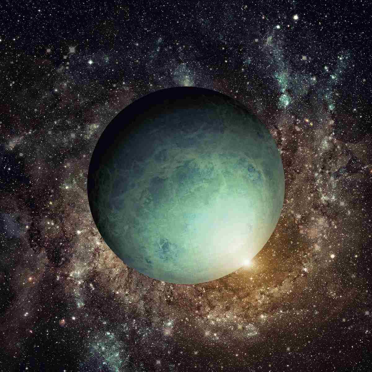 A depiction of the planet Uranus, appearing green and blue against a starry galaxy, representing Uranus connections.