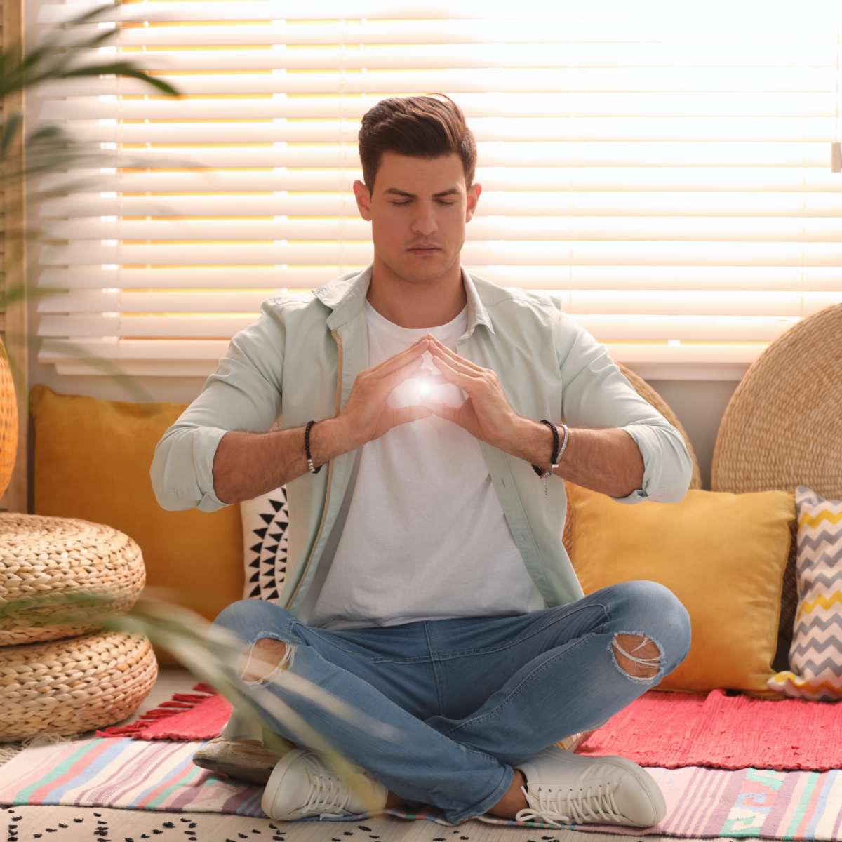 A man meditating with fingers touching each other, holding a ball of Usui Reiki energy, in a cosy room.