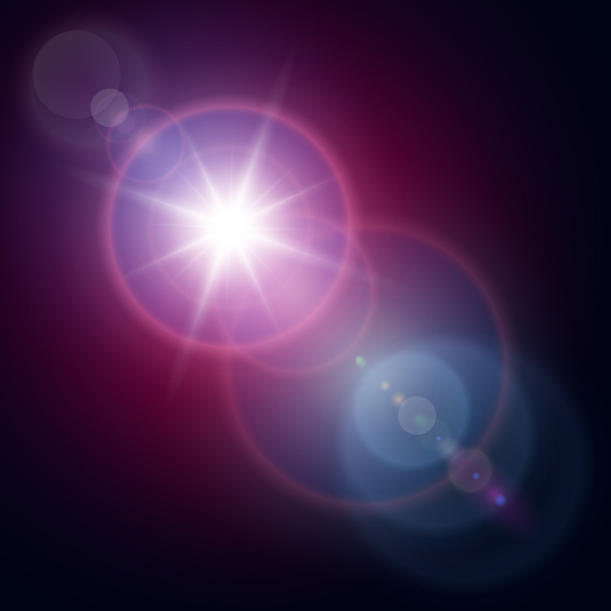 A bright white, star-like burst surrounded by pink and purple rings and lens flares, representing the Vega connections.
