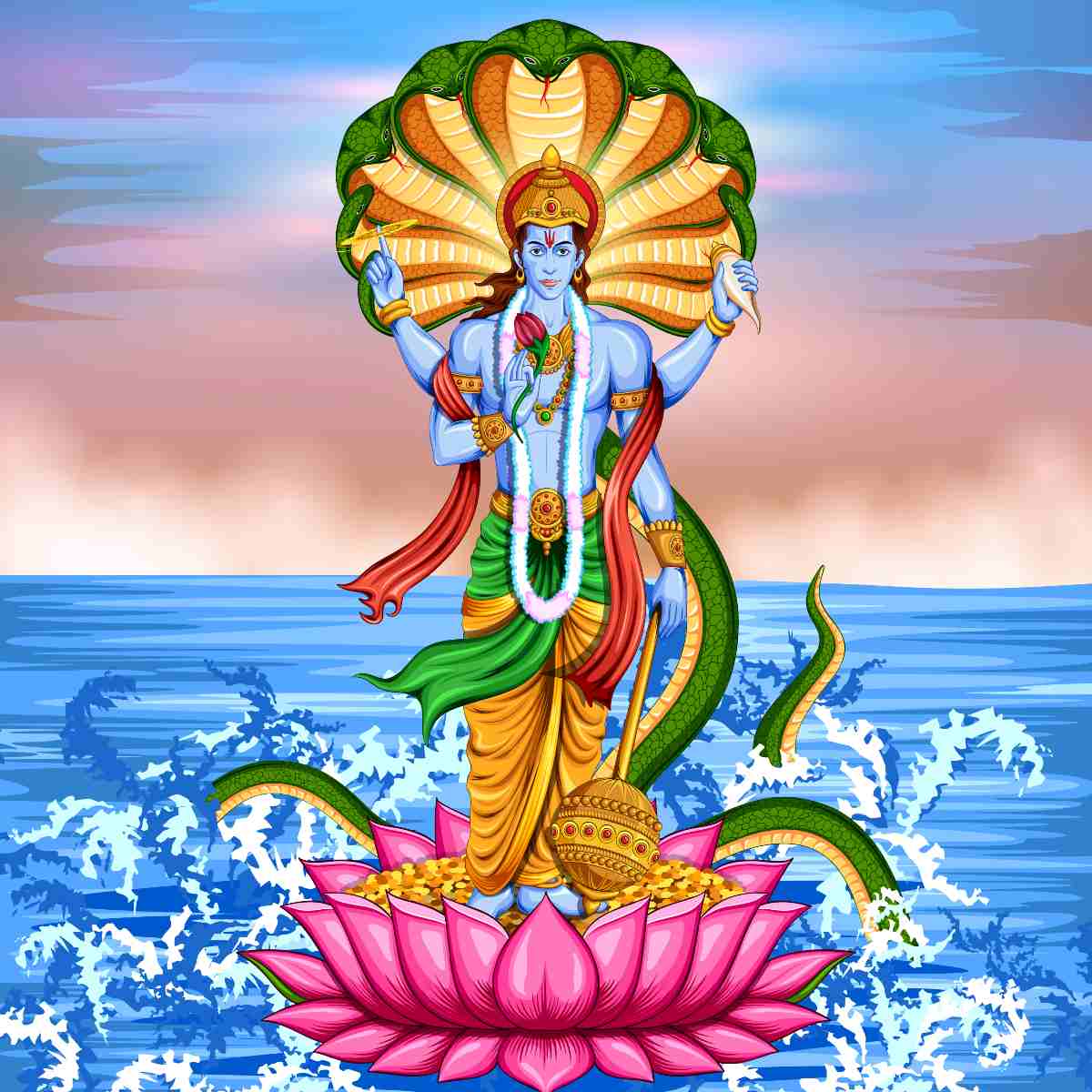 Colourful Hindu illustration of the four-armed God Vishnu standing on a lotus.