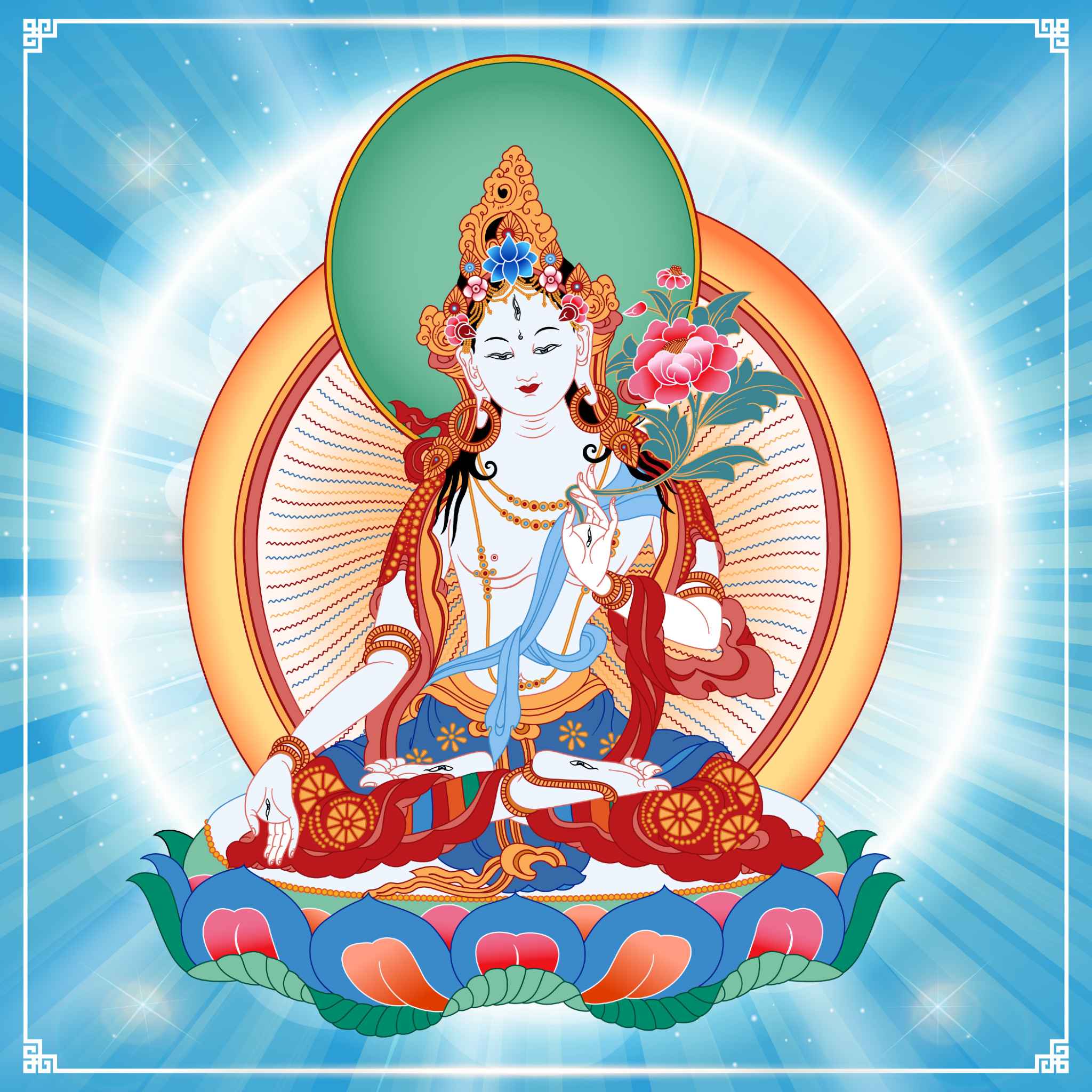 A colourful traditional image of the seated Goddess White Tara.
