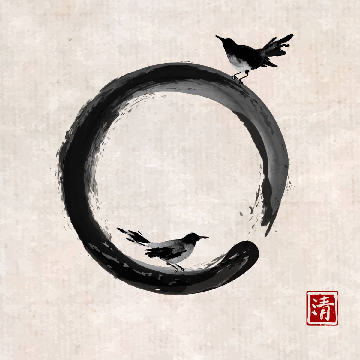 A black ink painting of an Enso circle, an open circle with a space, with two small black birds perched on the circle, representing Zen connections.