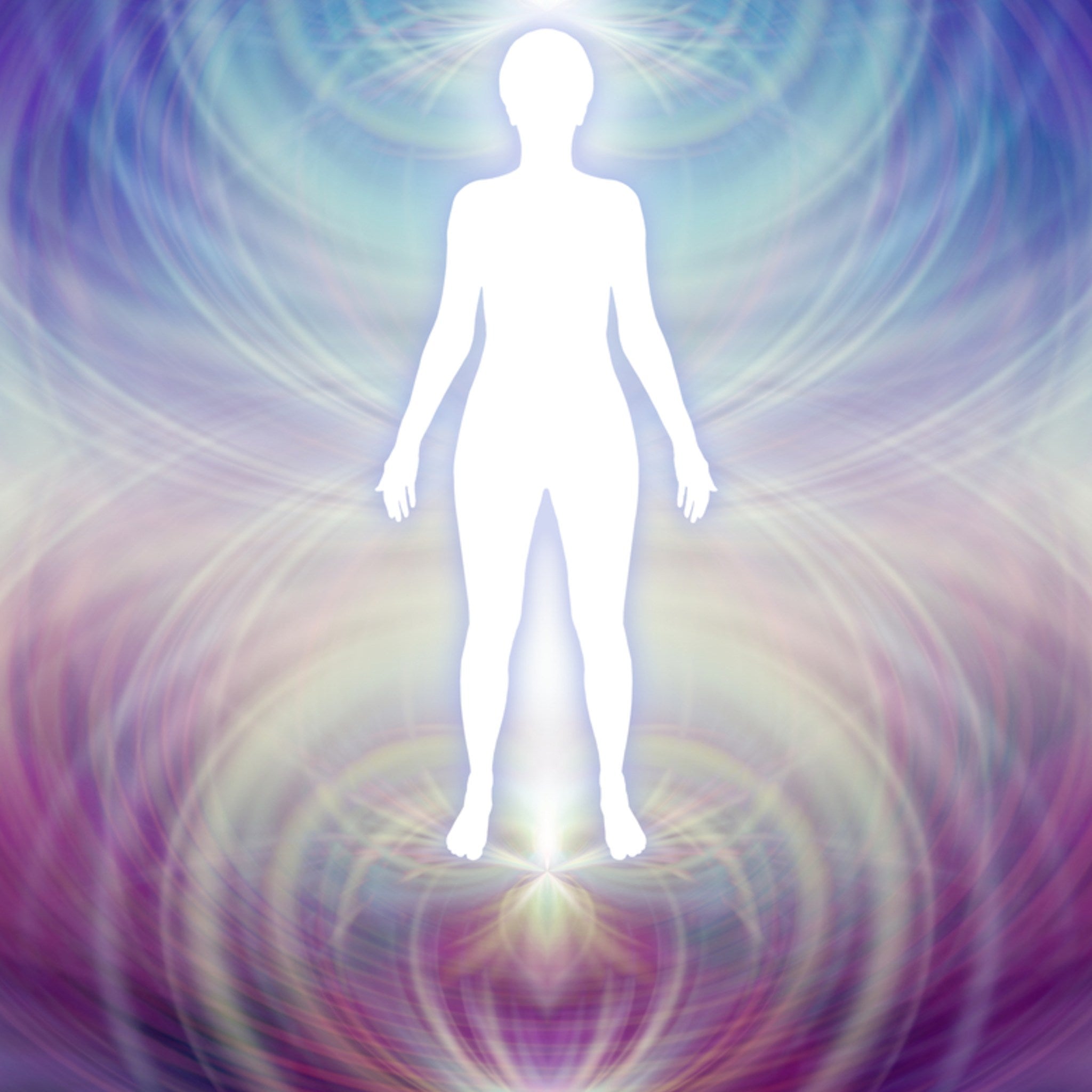 Glowing white silhouette of a figure standing upright, surrounded by an intense, swirling vortex of purple, blue, and pale gold light, especially beneath the feet.
