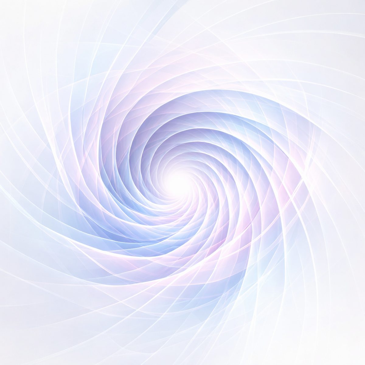 An ethereal white, pale pink and blue digital vortex with translucent, swirling geometric light ribbons spiralling inward.