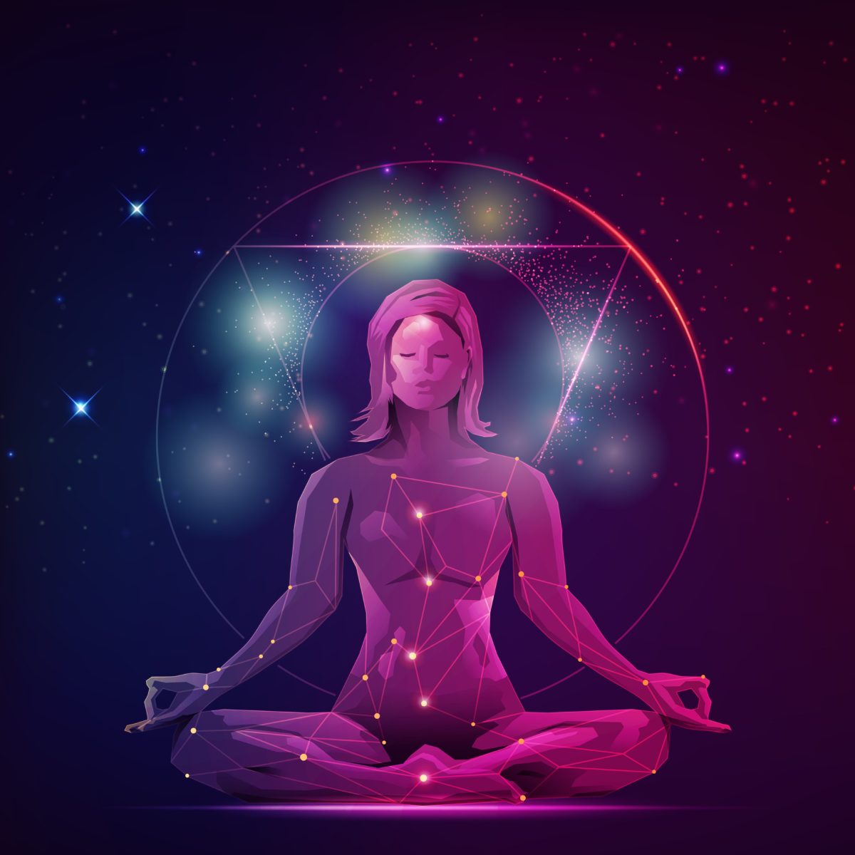 Woman in a meditative pose with geometric protection shapes and starry background.