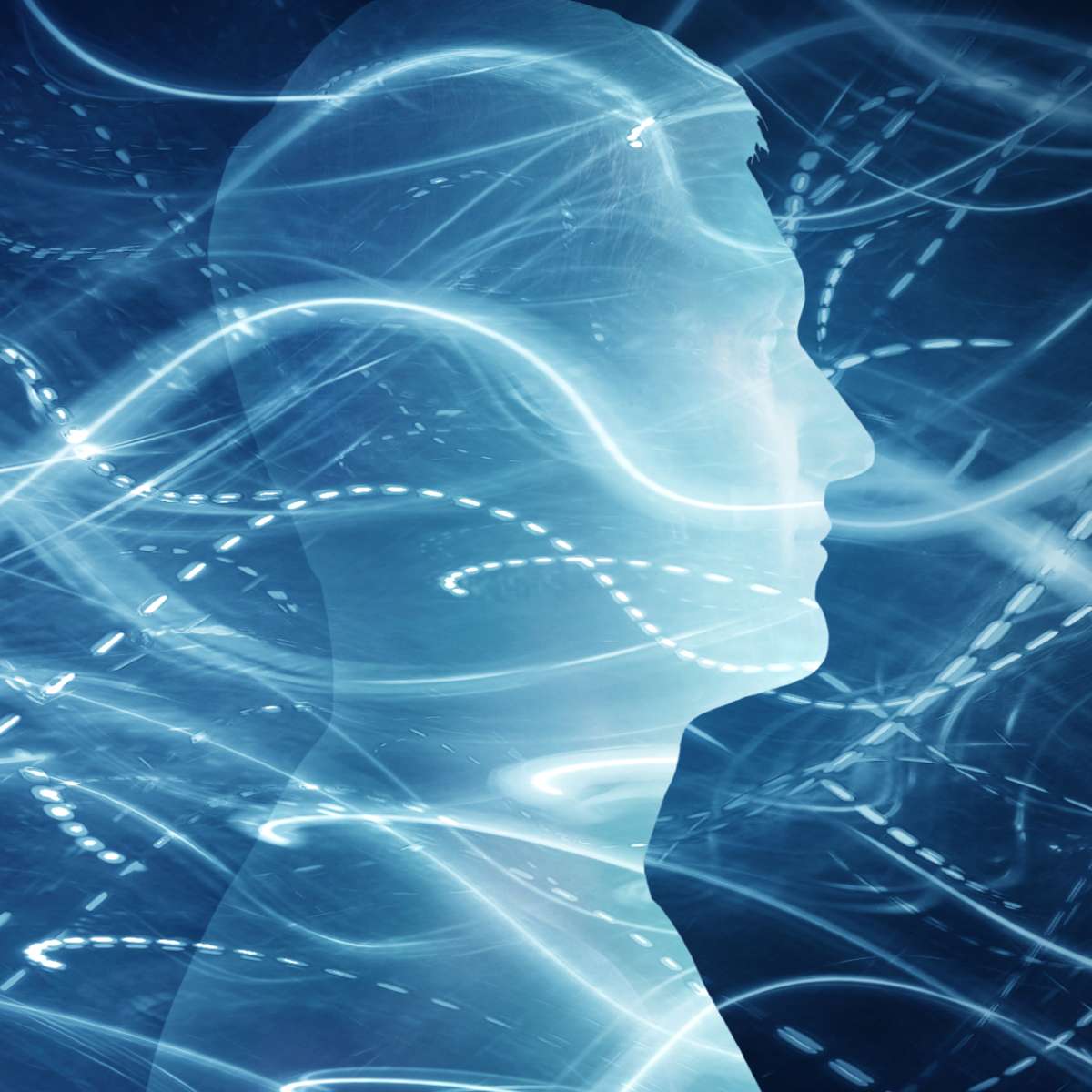 An abstract digital image of a human head and shoulders in profile in bright, translucent blue light energy flow.