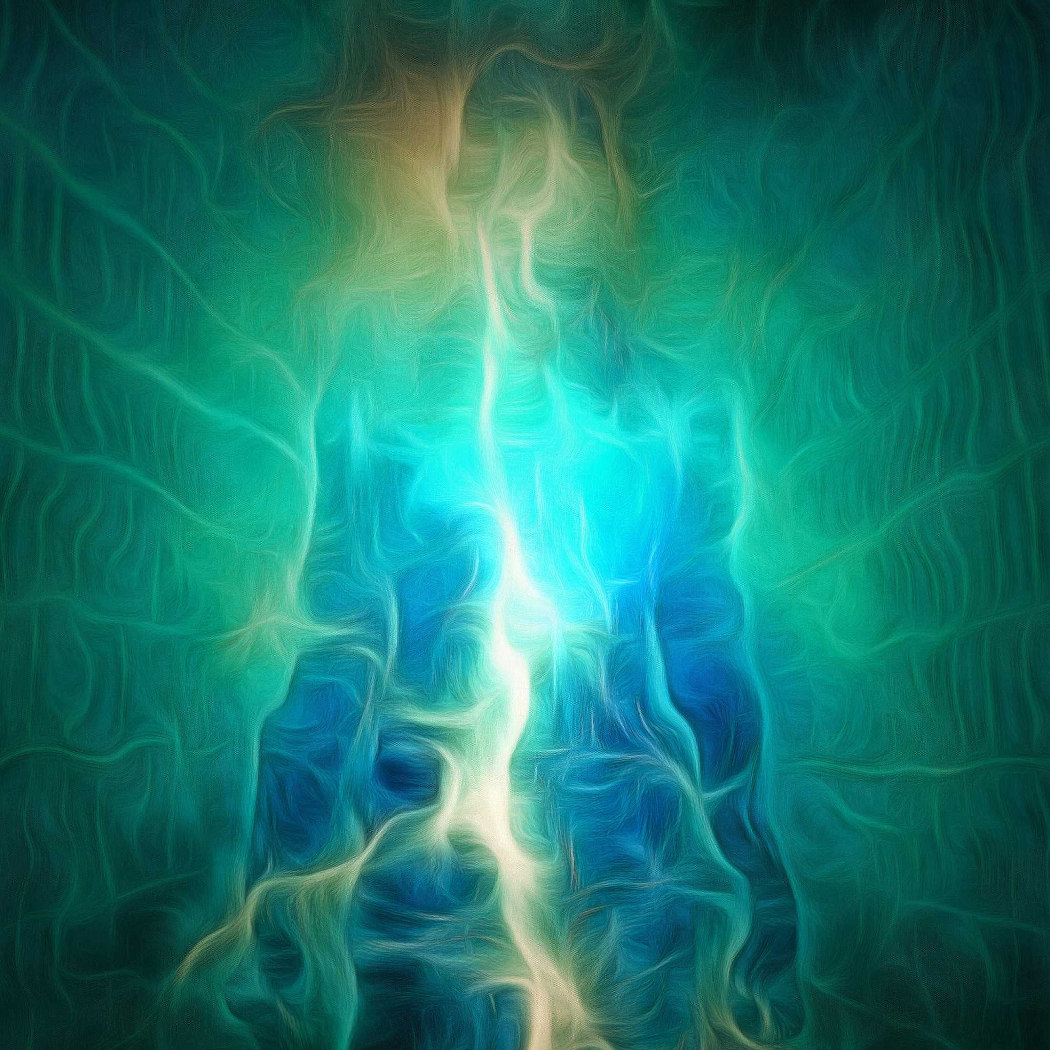 Abstract painting or digital art showing a figure silhouette defined by swirling, wispy energy, primarily in shades of bright turquoise and deep blue with a glowing white central core.