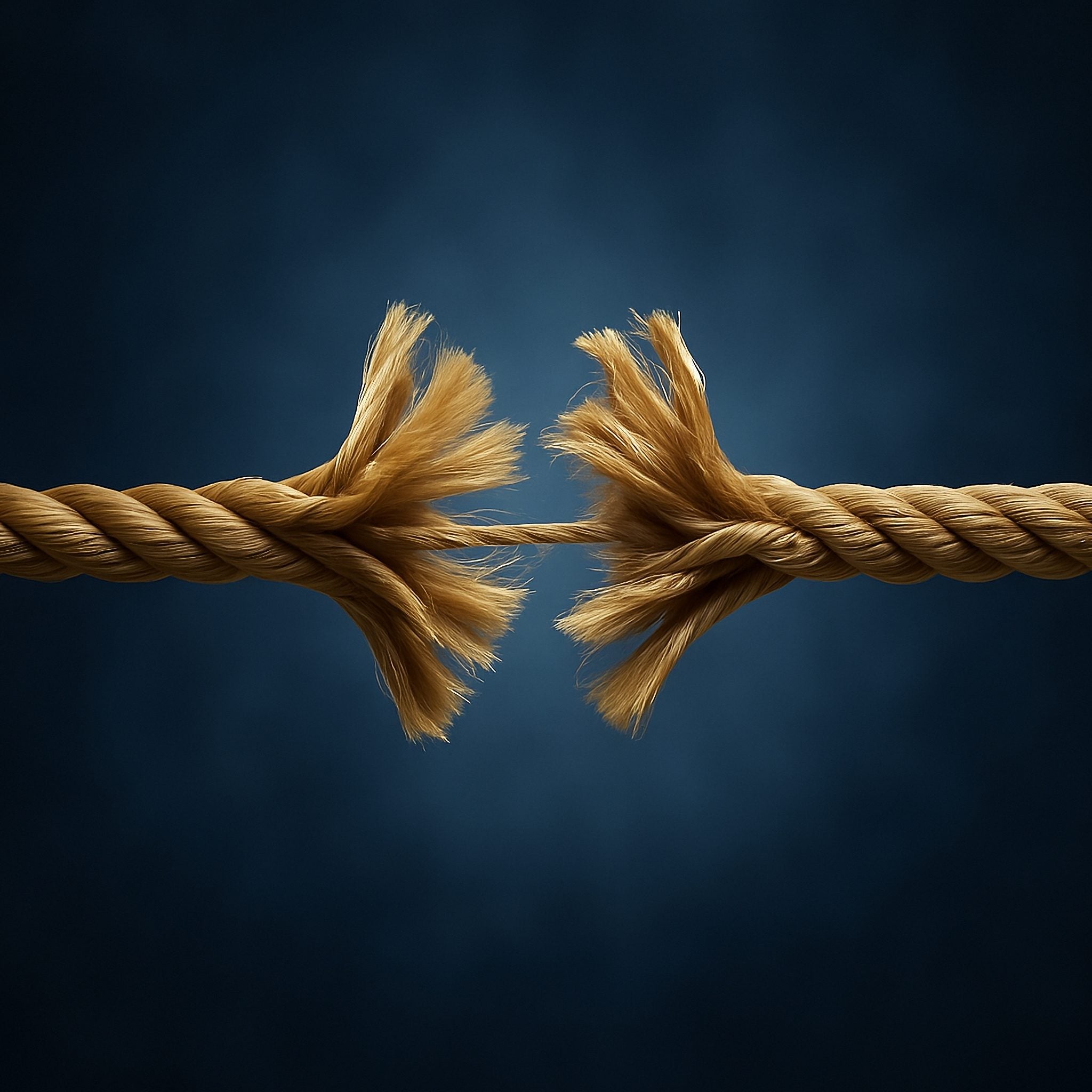A thick, braided, muted gold rope frayed and almost completely snapped in the centre, held taut against a bright, softly lit, and blurred dark blue background, symbolising a break or cutting of a connection.