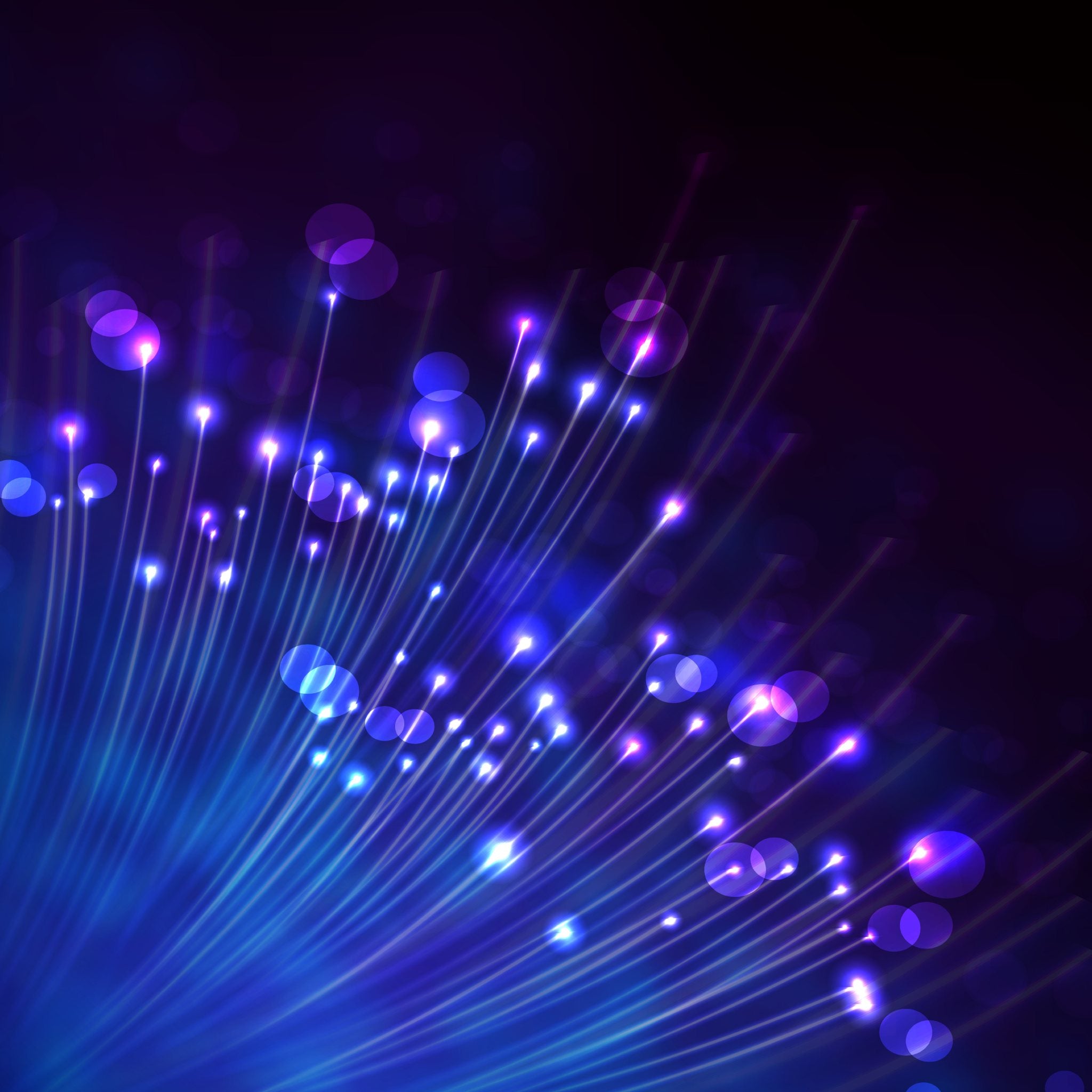 An abstract digital illustration featuring a radiant burst of converging blue and purple light beams and glowing bokeh circles rising from the bottom corner against a dark background. This representation of protective energy symbolises etheric cord safeguard.