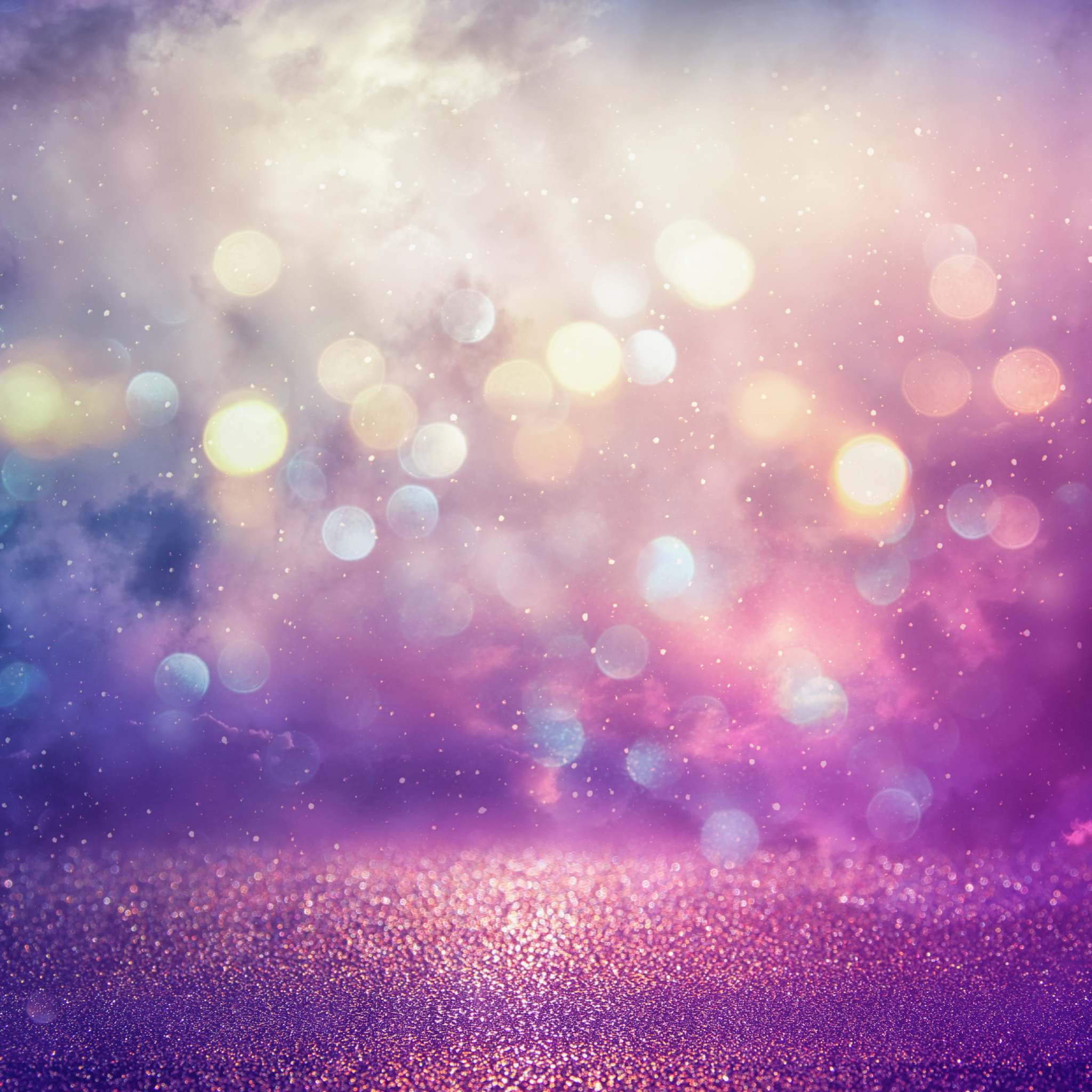 An abstract digital background of intense, shimmering glitter and bokeh lights in shades of magenta, pink, and vibrant purple. The foreground is a carpet of deep purple glitter, while the background features soft glowing lights, representing fire fairy magic connections and intense mystical energy.