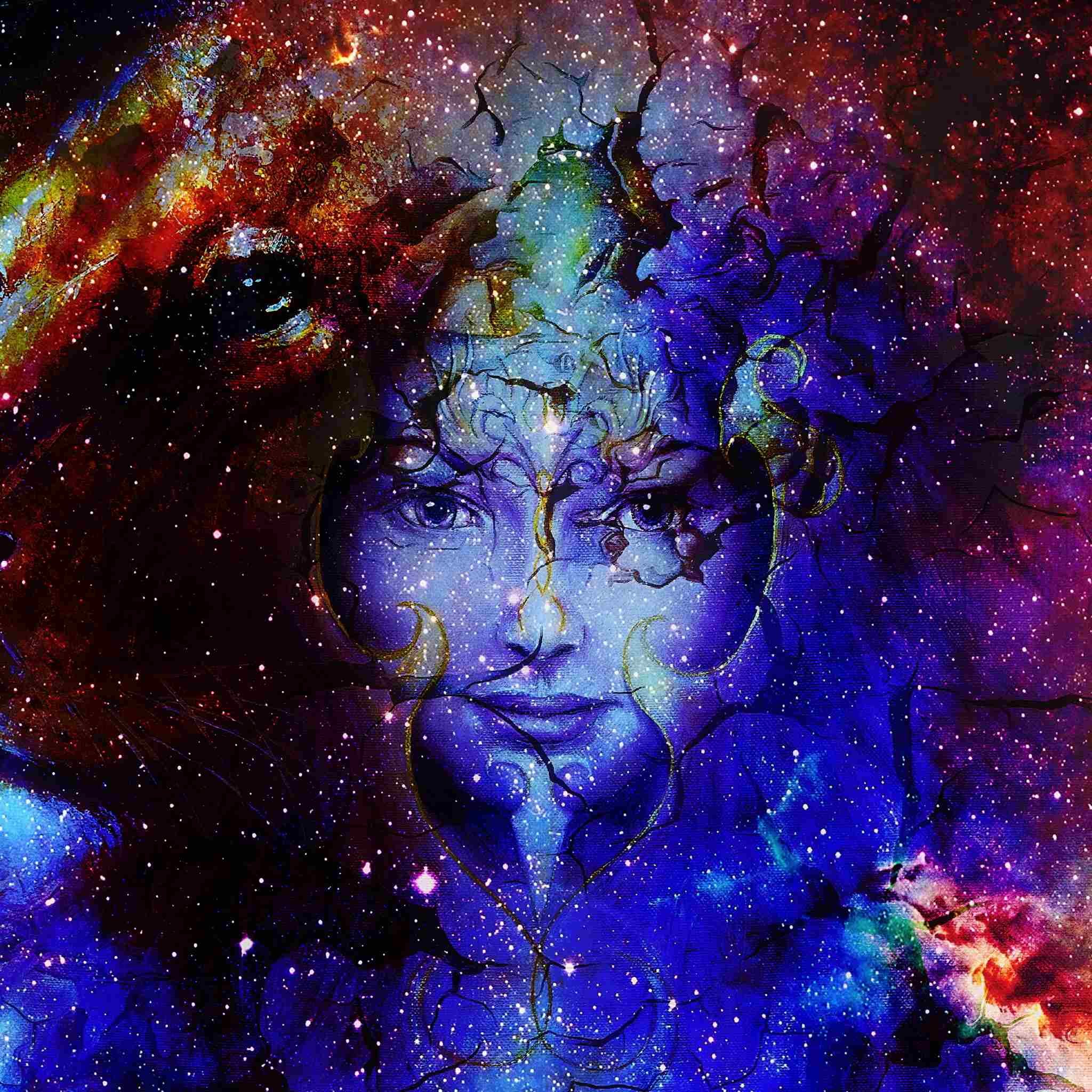 A beautiful, cosmic illustration of a female face emerging from a swirling galaxy of deep blue, purple, and fiery orange hues, with a delicate, tree-like, golden pattern painted over her forehead and eyes. The celestial imagery evokes a powerful, ethereal presence, representing the spiritual focus of the goddess path alignment dedication.