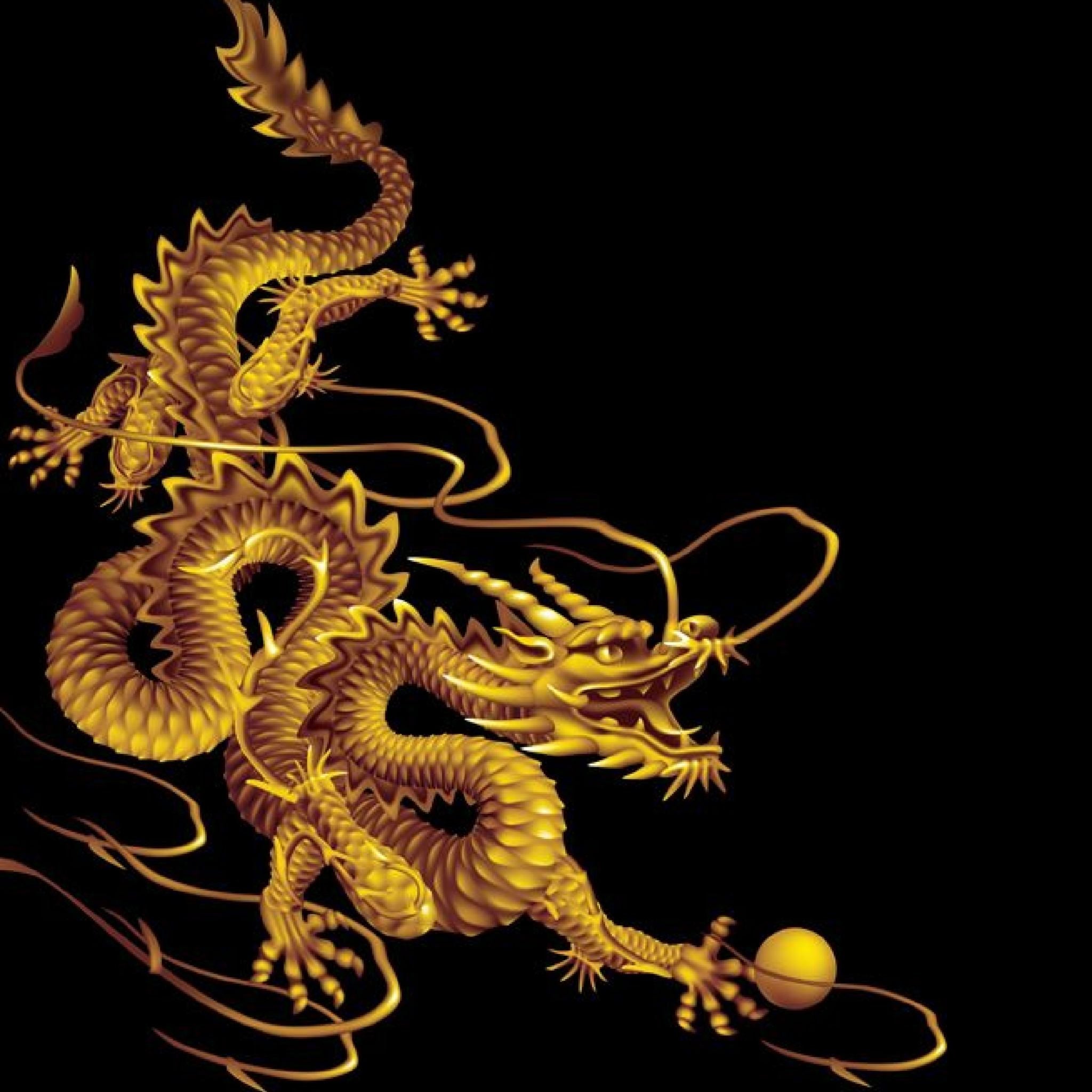 A vibrant digital illustration of a detailed, serpentine Chinese-style dragon rendered in bright, shimmering gold, coiling against a pure black background. The dragon is grasping a small gold sphere or pearl with one of its claws.