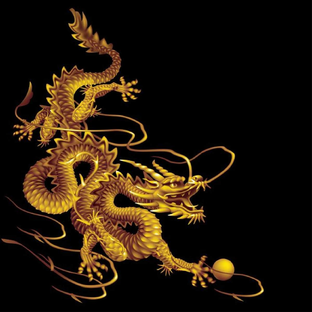 Chinese-style dragon rendered in bright, shimmering gold, coiling against a pure black background.