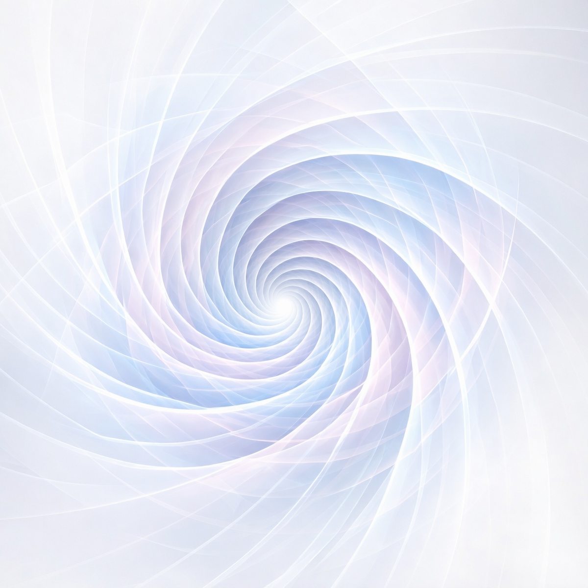 An ethereal white and pale periwinkle digital vortex with translucent, swirling geometric light ribbons spiralling inward.